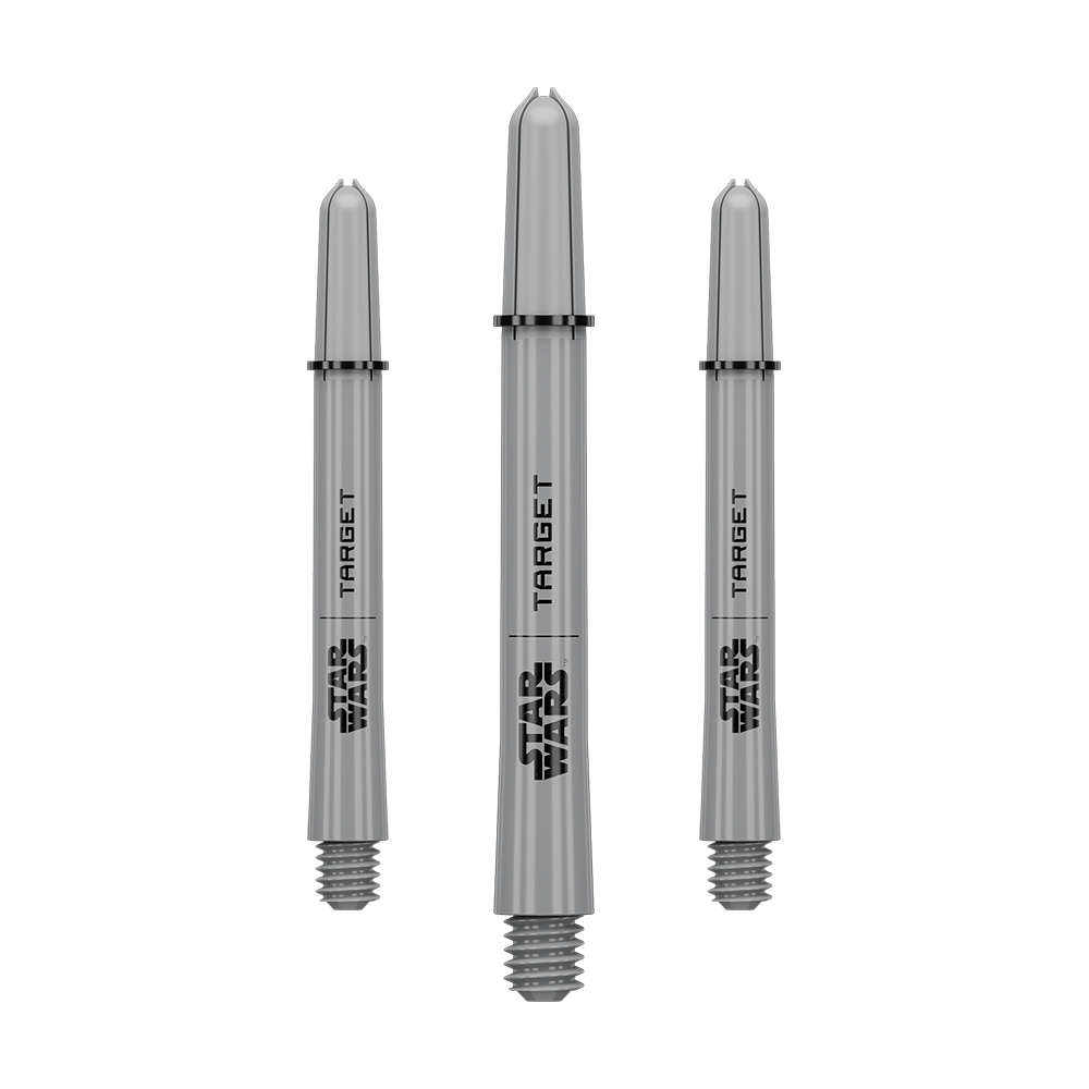 Aste Target Star Wars ProGrip - Grigio Das Bild zeigt ein Dart-Zubehör mit dem Dateinamen 380432_Target_StarWars_ProGrip_Shafts_Grau_Medium_48mm_1Set. Es handelt sich vermutlich um einen grauen Medium ProGrip Shaft von Star Wars mit 48mm Länge als Set.