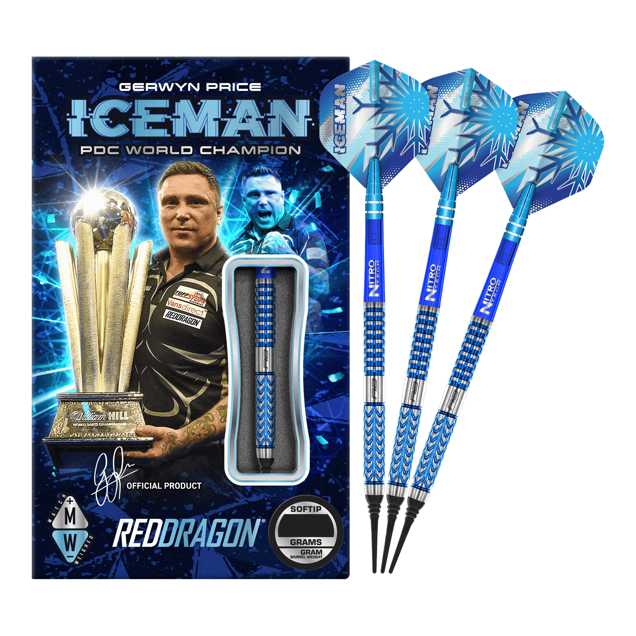 Freccette morbide Red Dragon Gerwyn Price Glacier - 18 g Das Bild zeigt das Produkt "Red Dragon Gerwyn Price Glacier Softdarts - 18g" mit einer auffälligen blauen Verpackung. Neben der Verpackung sind drei blaue Softdarts mit dem Schriftzug "ICEMAN" und einem Eismuster abgebildet.