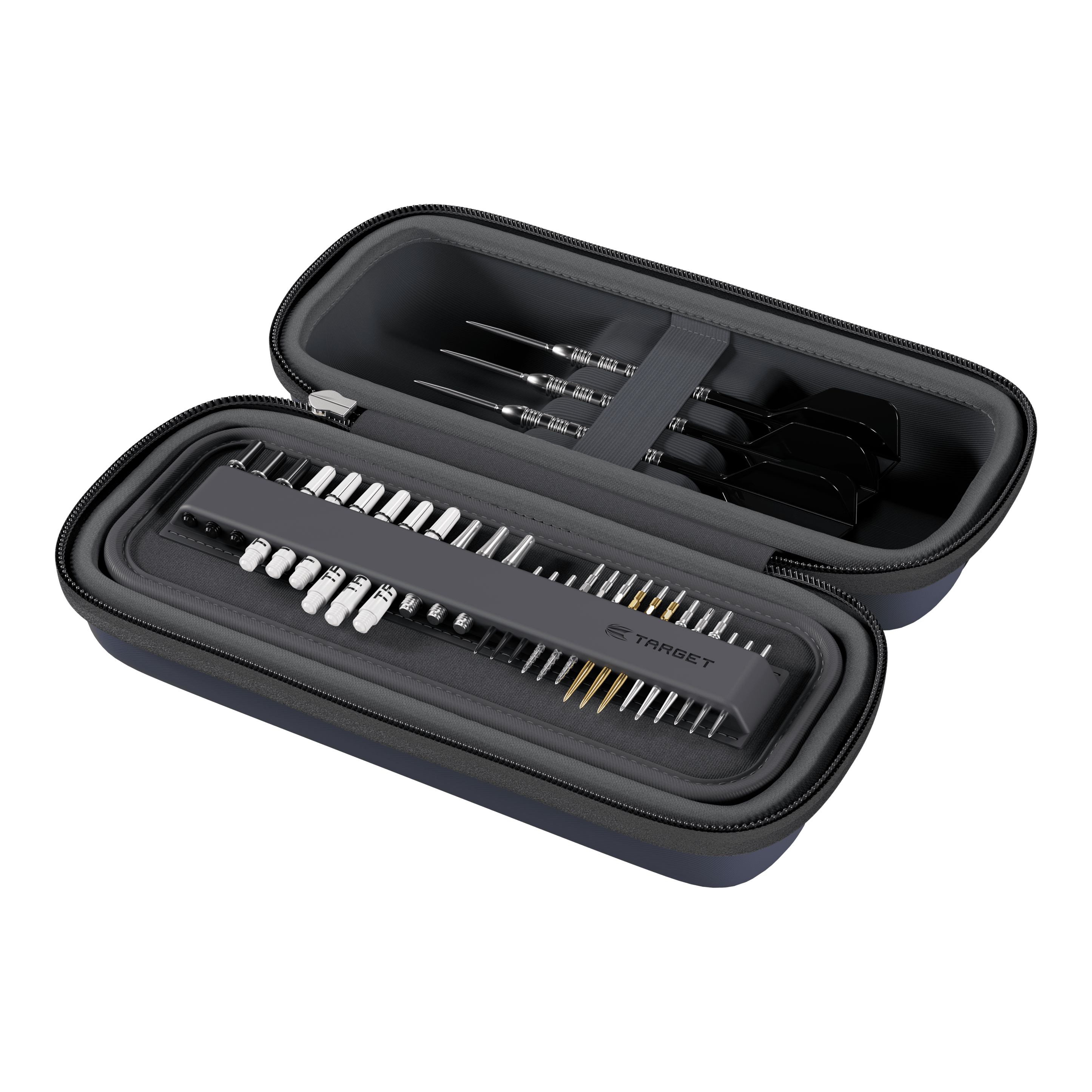 Custodia per freccette Target BOA Ein Dartcase in den Farben Navy und Dunkelgrau ist abgebildet. Es ist vermutlich das Target BOA Dartcase.