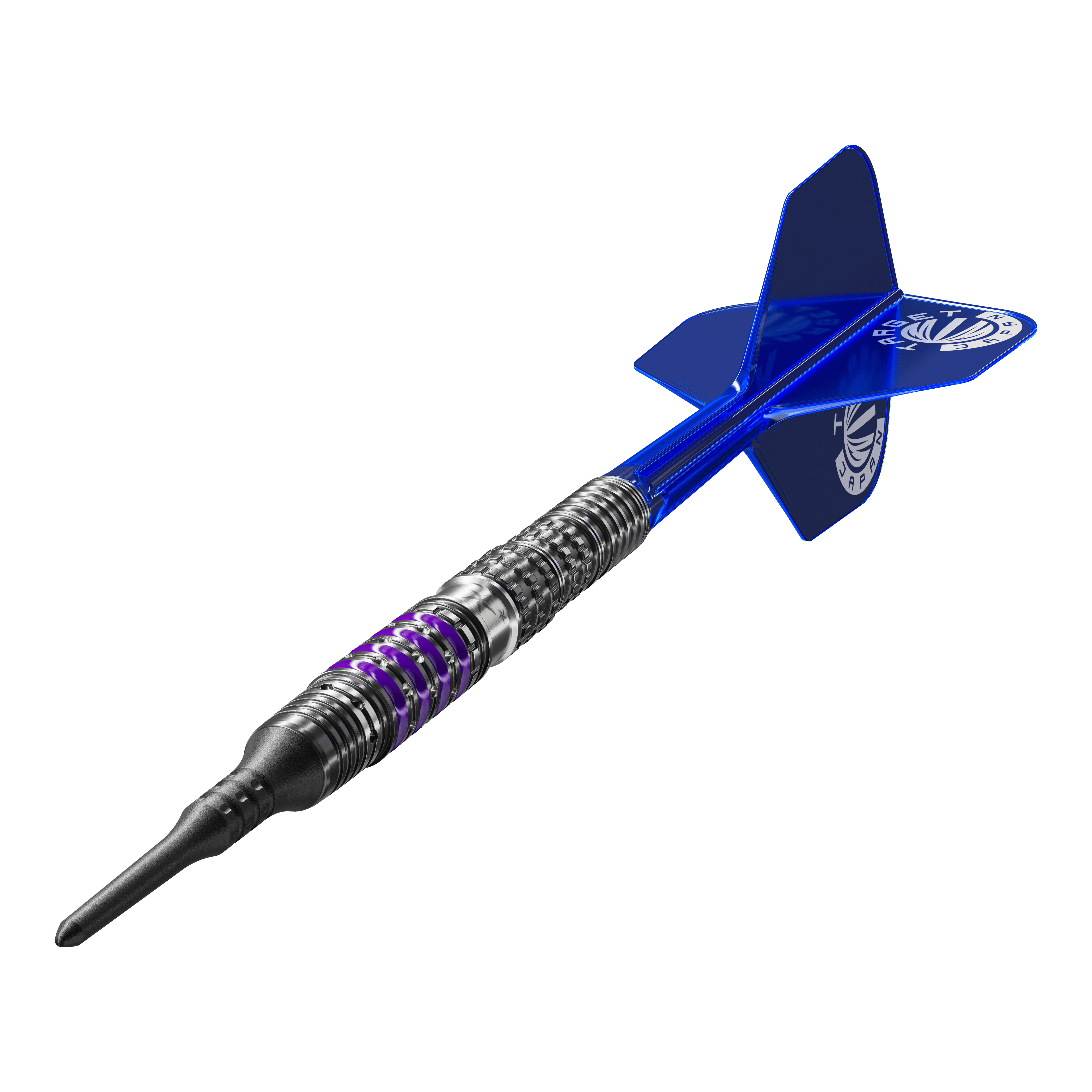 Target Japan Prime Series Sirius GEN4 Freccette morbide - 21,5 g Das Bild zeigt einen modernen Softdart aus der Produktreihe „Target Japan Prime Series Sirius GEN4“ mit einem Gewicht von 21,5g. Der Dart hat ein auffälliges, silber-schwarzes Design mit lila Akzenten und blauen Flights.