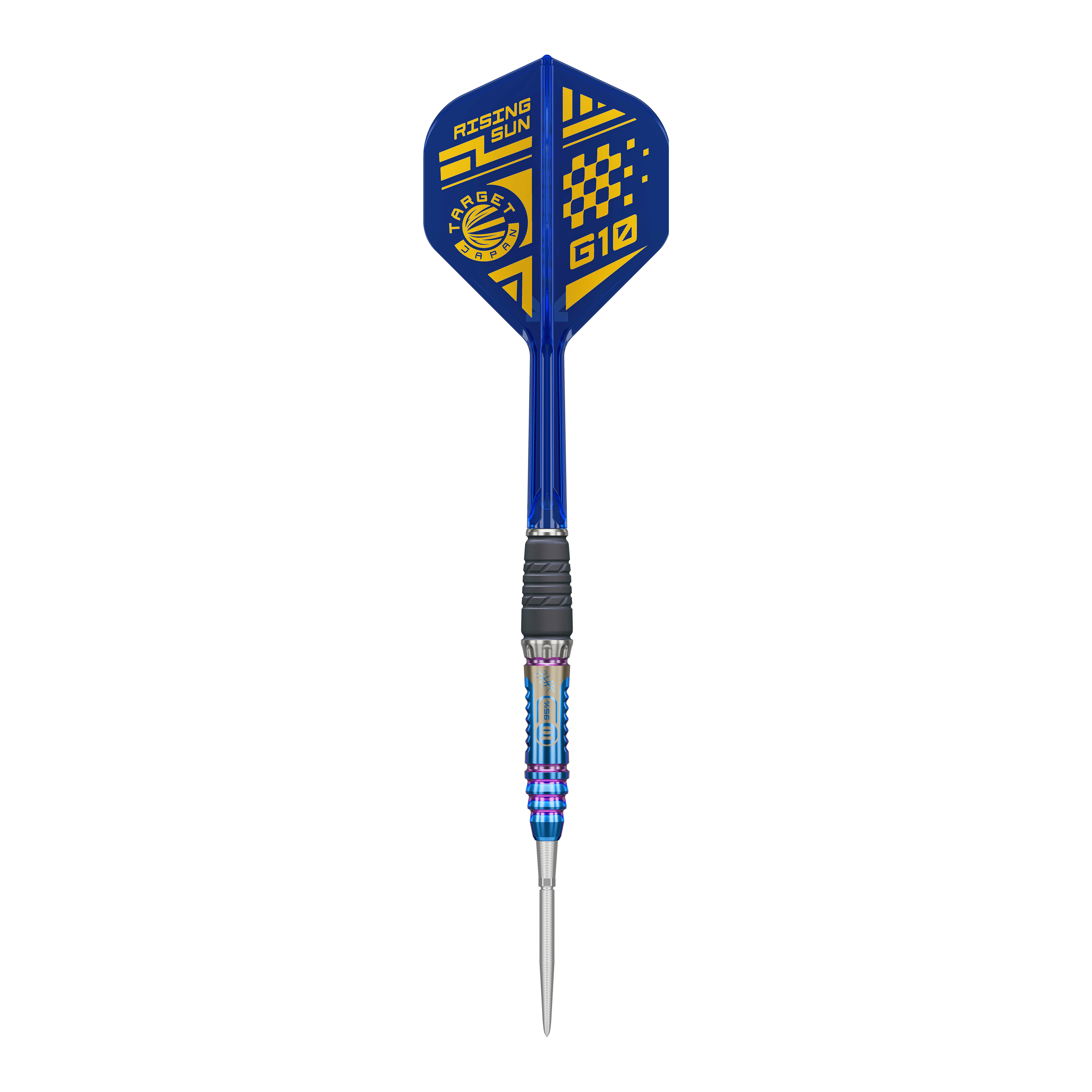 Freccette in acciaio Target Japan Rising Sun GEN10 Swiss Point Dies ist ein Bild der Target Japan Rising Sun GEN10 Swiss Point Steeldarts. Drei silberne Darts mit blauen Highlights sind zu sehen.