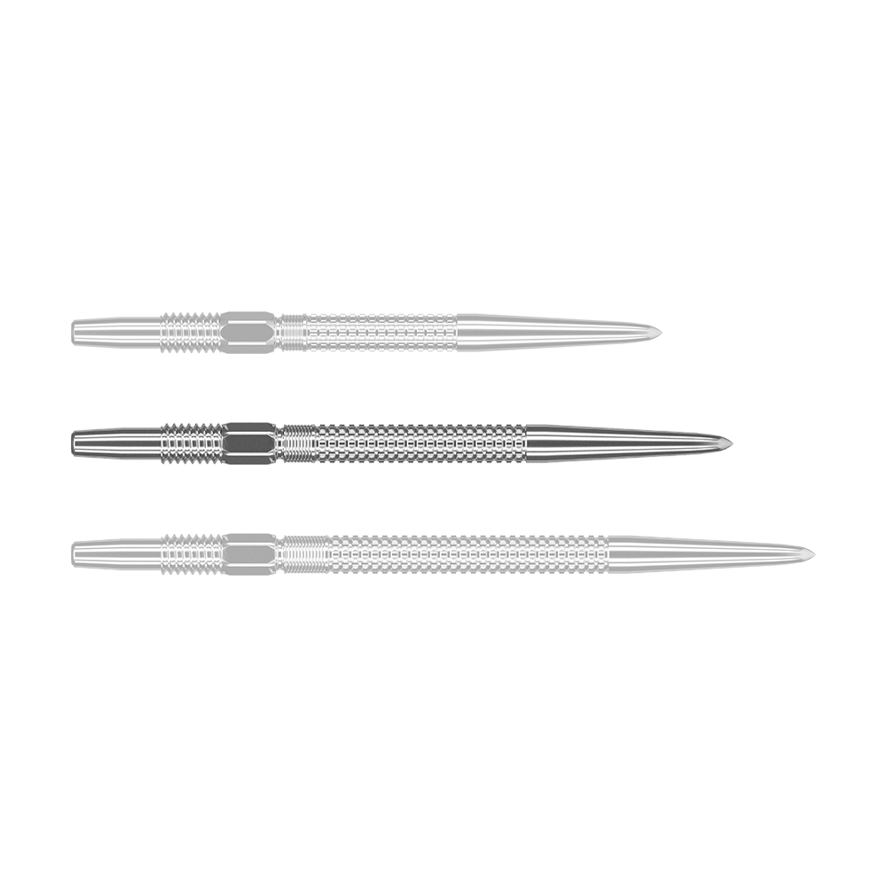 Punte per freccette Target Swiss Point GRD Silver Das Bild zeigt drei silberne Dartspitzen des Produkts „Target Swiss Point GRD Silver Dartspitzen“. Die Spitzen sind nebeneinander angeordnet und haben eine feine Riffelung.