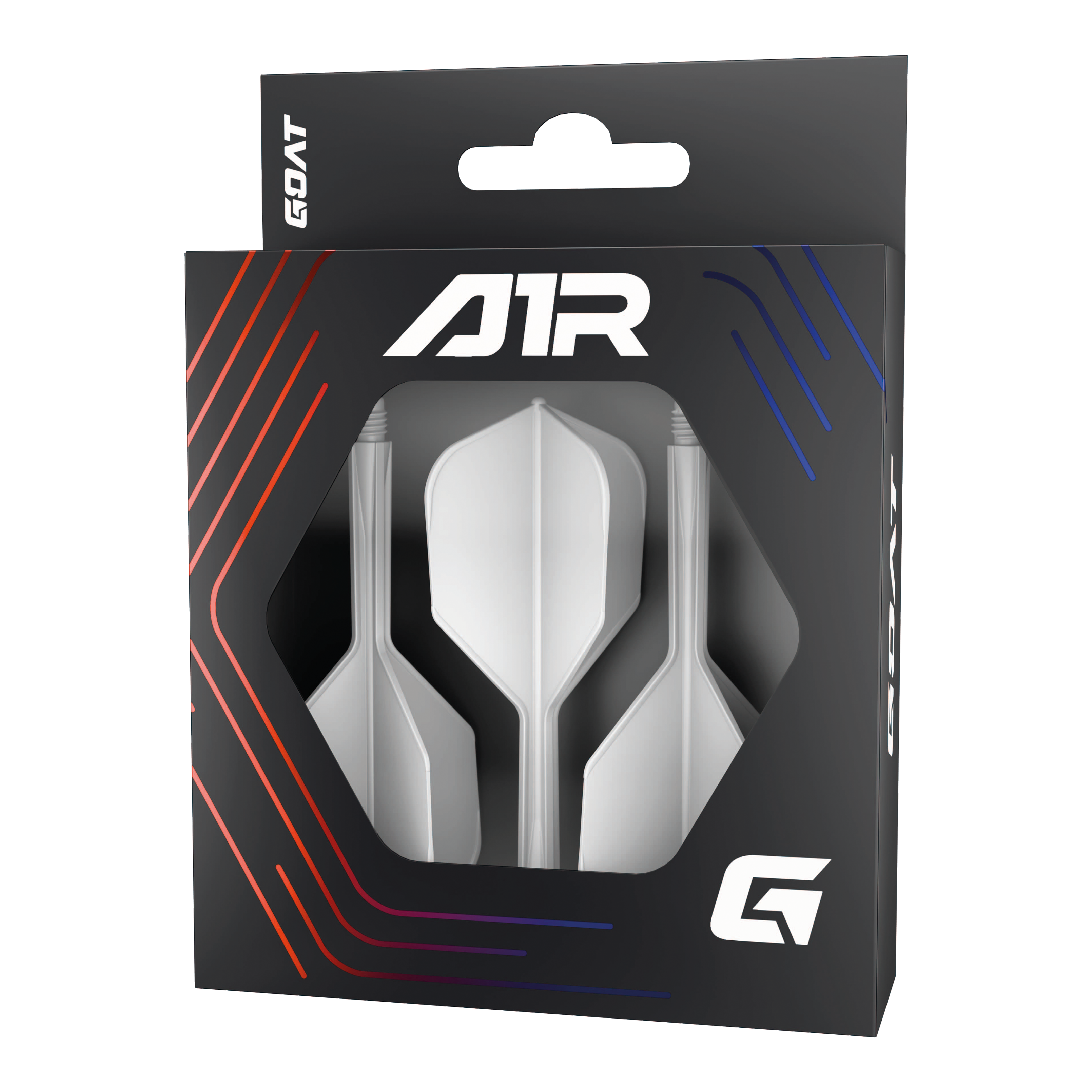 Sistema di alberi di volo GOAT A1R No6 - Bianco Die Abbildung zeigt das Produkt „GOAT A1R No6 Flight-Shaft-System - Weiß“ in einer schwarzen Verpackung mit Sichtfenster. In der Verpackung sind drei weiße Dart-Flights mit Schäften zu sehen.