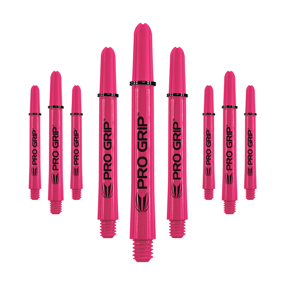 Target Pro Grip Shafts - 3 set - Rosa Auf dem Bild sind neun pinke Pro Grip Shafts zu sehen, die für Dartpfeile verwendet werden. Sie sind gleichmäßig angeordnet und tragen den Schriftzug "PRO GRIP" in schwarzer Farbe.