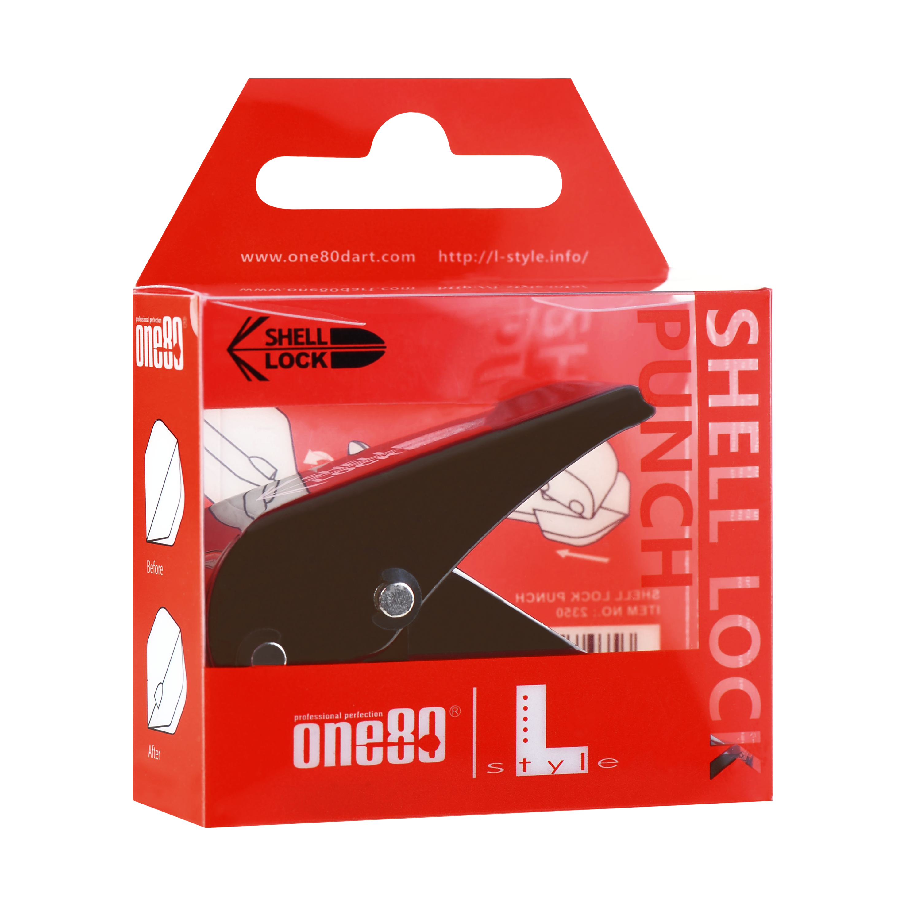 Punzone di volo per blocco guscio One80 in stile L Das Bild zeigt die Verpackung des Produkts "L-Style One80 Shell Lock Punch Flightlocher". In der Packung befindet sich ein schwarzer Lochstanzer für Dart-Flights.