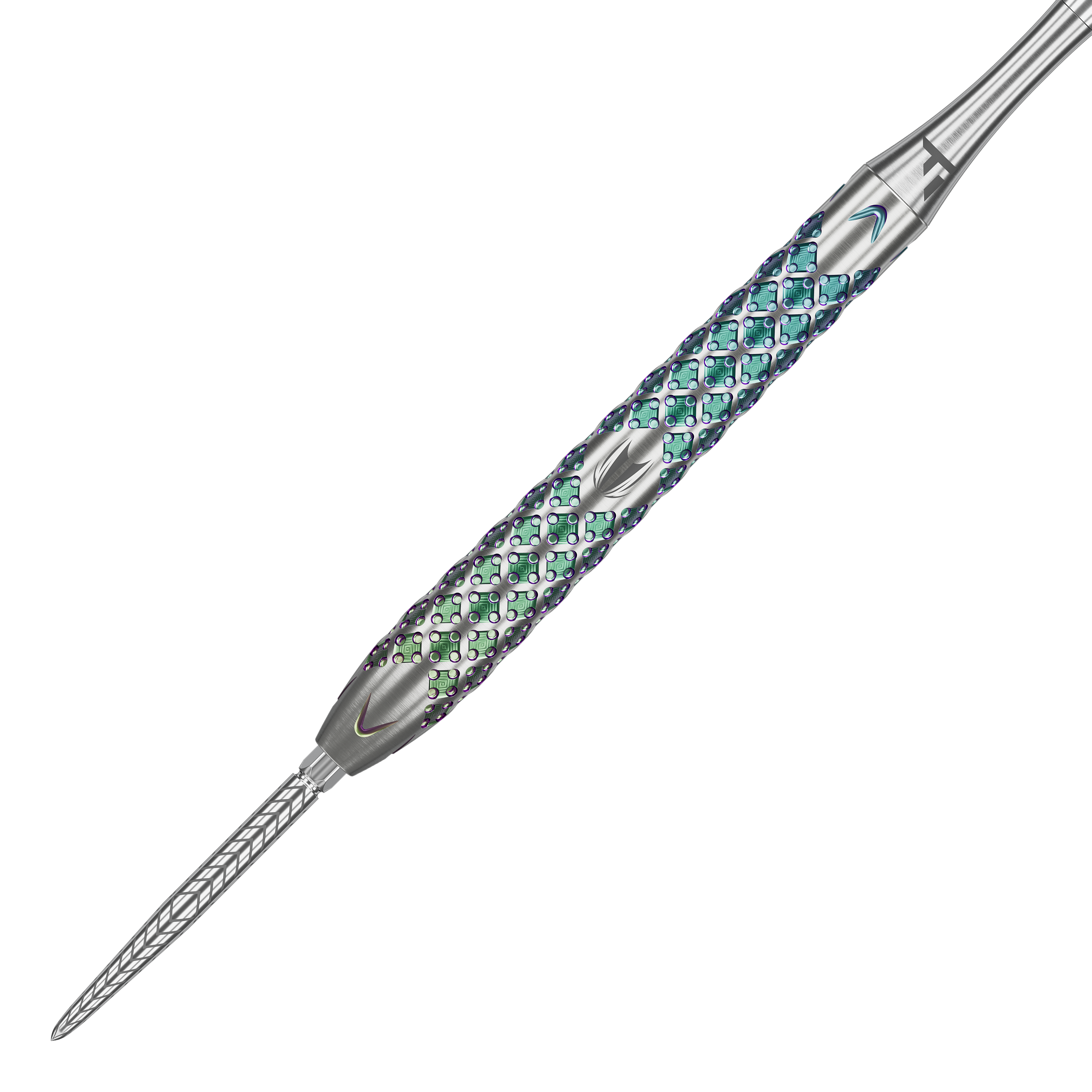 Freccette in acciaio Target Rove 03 Swiss Point Der Target Rove 03 Swiss Point Steeldart hat ein silbernes Gehäuse mit auffälligem, farbig schimmerndem Griffmuster. Die Spitze ist fein strukturiert und sorgt für präzise Würfe.