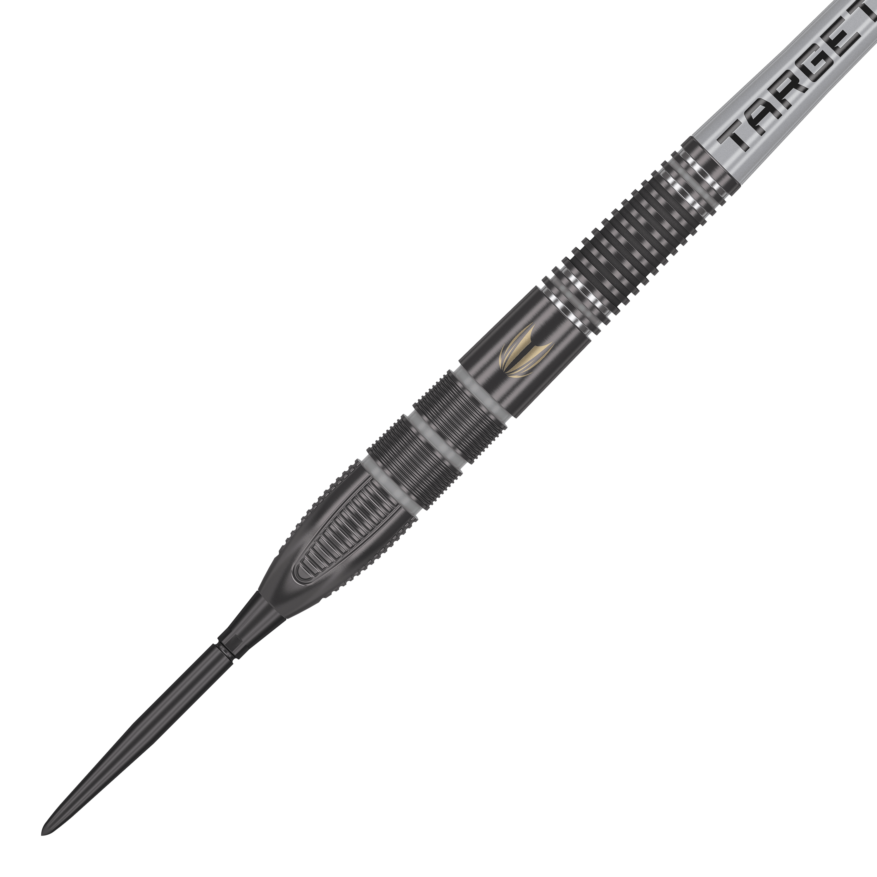 Freccette in acciaio Target Nathan Aspinall X Echo Swiss Point Das Bild zeigt den Target Nathan Aspinall X Echo Swiss Point Steeldart. Der Dartpfeil ist schwarz-silbern mit einem detaillierten Griffdesign und dem Schriftzug "TARGET" am Schaft.