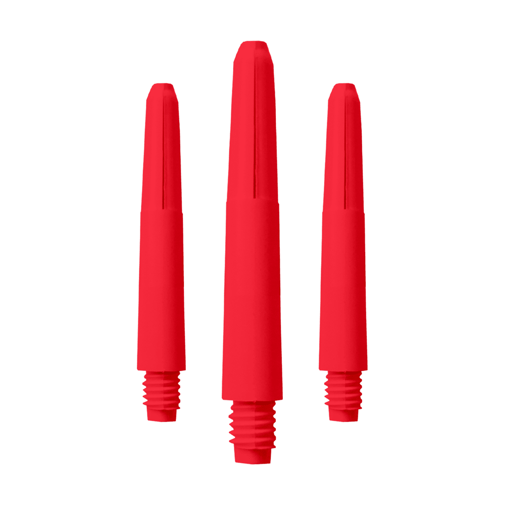 Das Bild zeigt drei rote Nylon-Schäfte mit Gewinde. Sie sind als Zubehör für Darts geeignet.