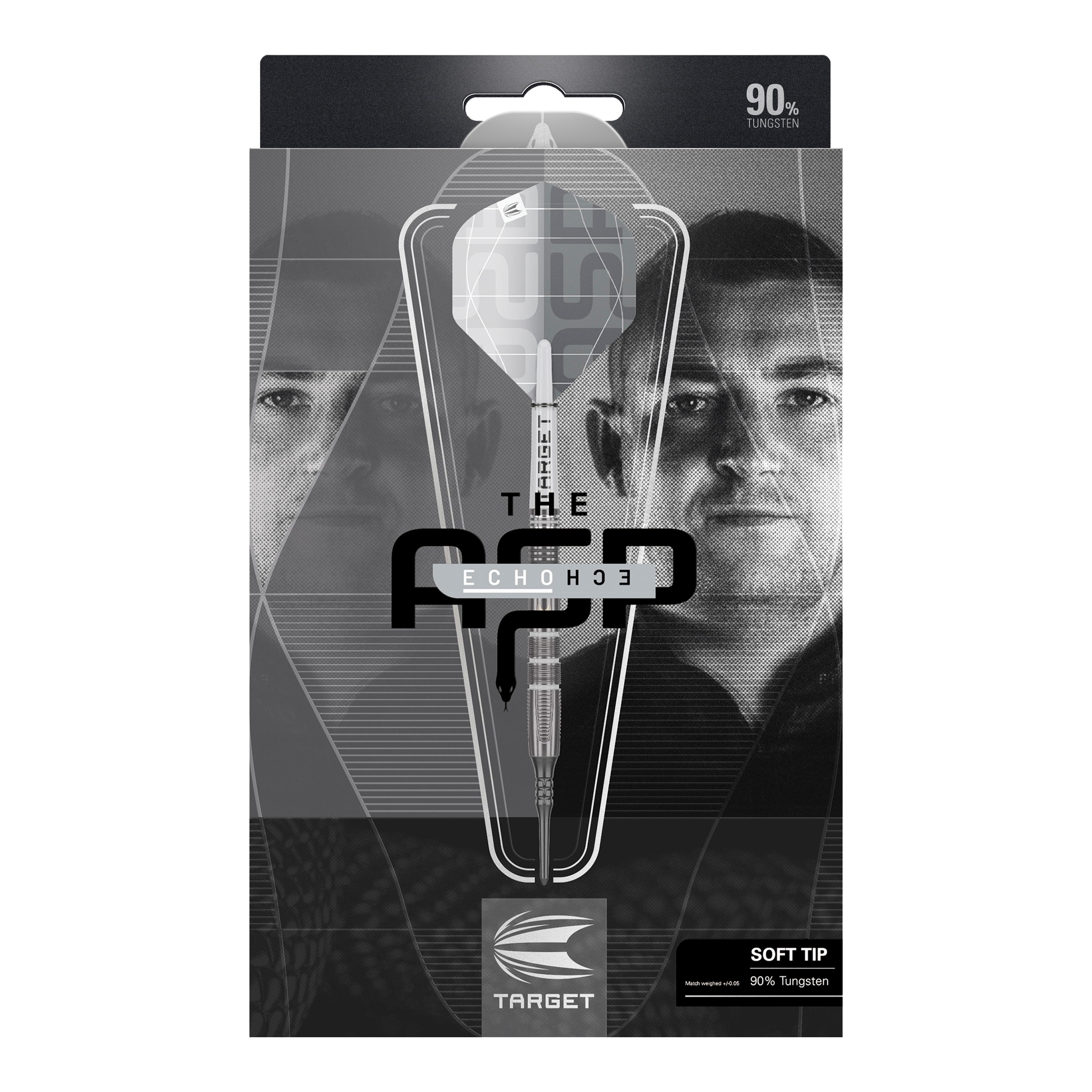 Freccette morbide Target Nathan Aspinall X Echo - 18 g Auf dem Bild ist die Verpackung des Produkts „Target Nathan Aspinall X Echo Softdarts - 18g“ zu sehen. In der Mitte der Verpackung befindet sich ein Softdart mit der Aufschrift „TARGET“ und im Hintergrund sind zwei Gesichter abgebildet.