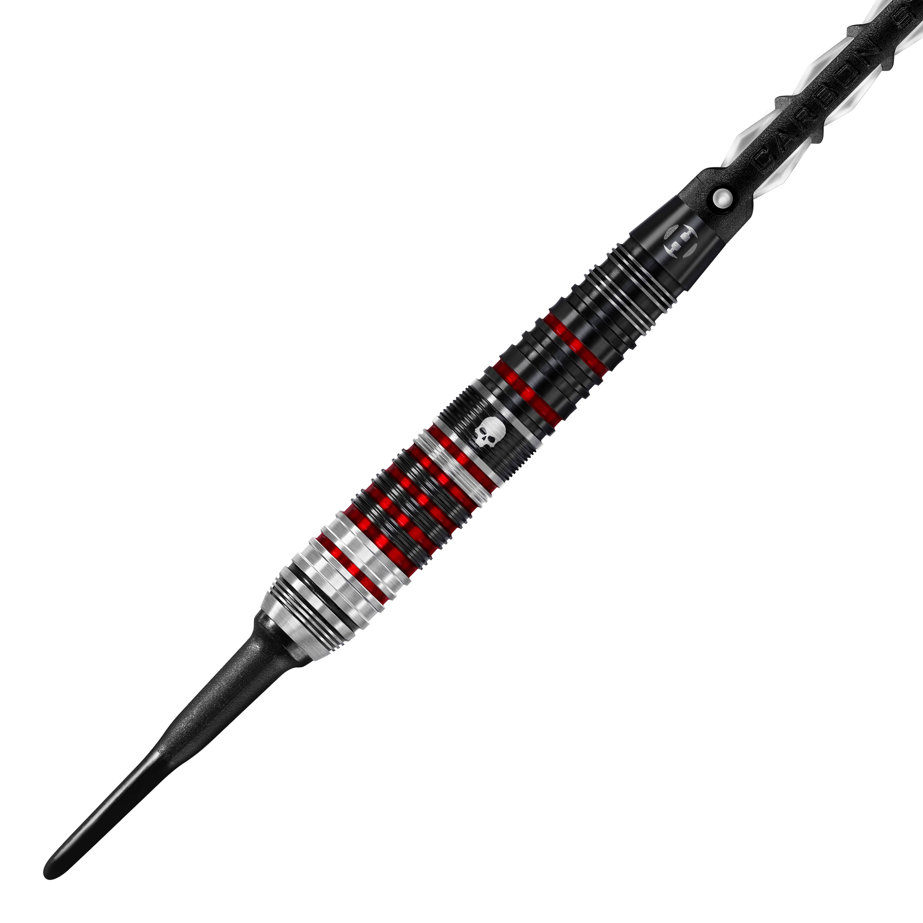 Freccette morbide Ryan Searle Heavy Metal Series 2 di Harrow Das Bild zeigt einen Harrows Ryan Searle Heavy Metal Series 2 Softdart. Der Dartpfeil ist schwarz, silber und rot mit einem Totenkopf-Design auf dem Griff.