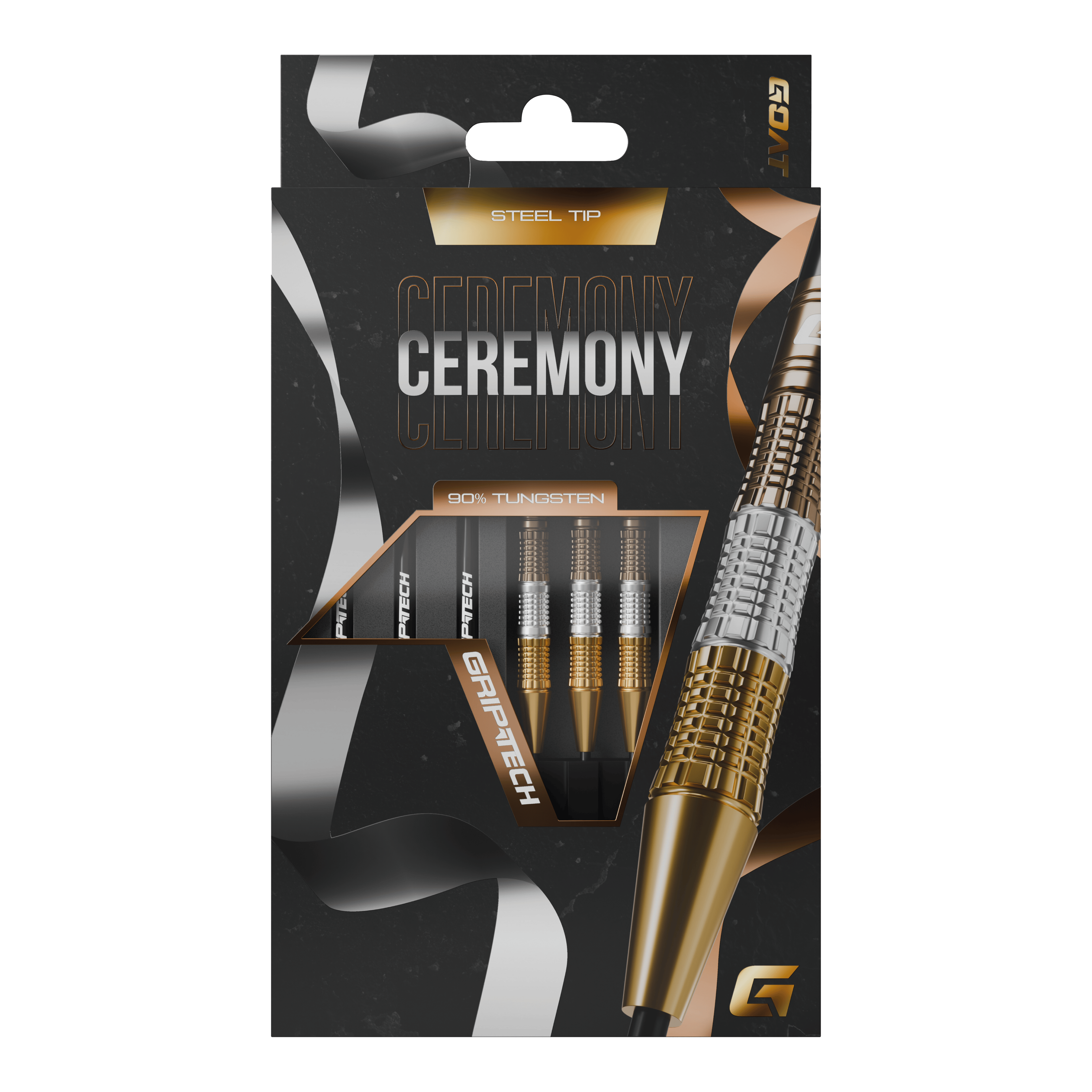 Freccette in acciaio al tungsteno GOAT Ceremony Die Abbildung zeigt eine Packung „GOAT Ceremony Tungsten Steeldarts“. Die Verpackung hebt die Eigenschaften wie 90% Tungsten und Grip-Tech besonders hervor.