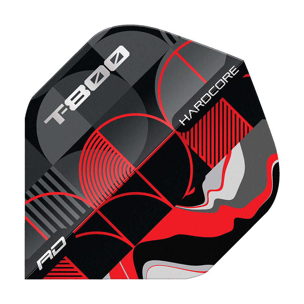 Das Bild zeigt ein Dart-Flight mit dem Namen "Red Dragon Hardcore T-800 No2 Standard Flights". Das Design ist in Schwarz, Rot, Silber und Grau mit geometrischen Mustern und den Aufschriften "T-800" und "Hardcore" gestaltet.