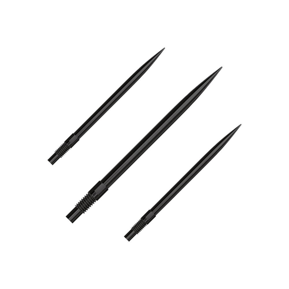 Punte per freccette Harrows Quick Point - Nere Ein Set von schwarzen Dartspitzen ist abgebildet. Die Spitzen sind 35 mm lang und auf einem weißen Hintergrund präsentiert.