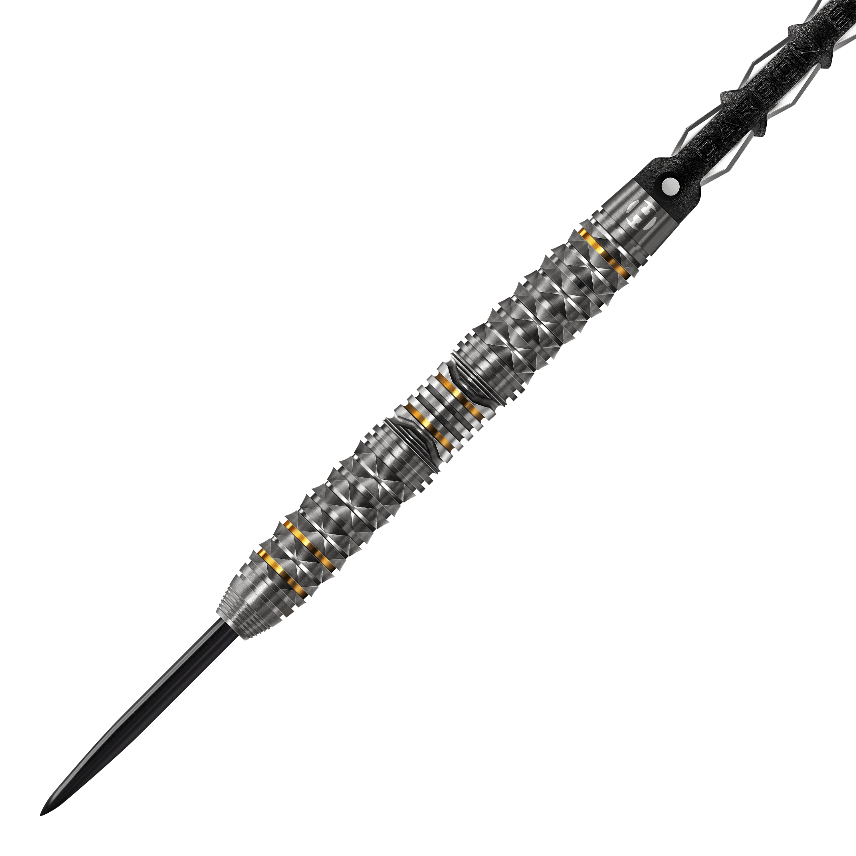 Freccette d'acciaio Harrows Opus Das Bild zeigt einen Harrows Opus Steeldart. Der Dartpfeil hat ein silbernes, strukturiertes Design mit goldenen Akzenten.