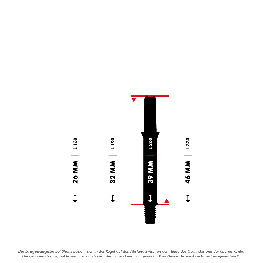 Alberi a L stile L silenziosi e dritti - Bianco Das Bild zeigt verschiedene Längen von geraden Dartshafts, die in Millimetern angegeben sind. Die L-Shaft mit einer Länge von 39 mm ist in der Mitte hervorgehoben dargestellt.