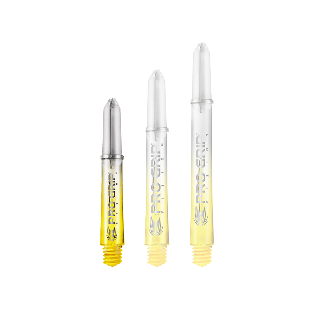 Aste Target Pro Grip Vision - 3 set - Giallo Auf dem Bild sind drei durchsichtige Dartschäfte mit gelbem Ende abgebildet. Auf den Schäften steht "PRO GRIP VISION" und sie sind unterschiedlich lang.