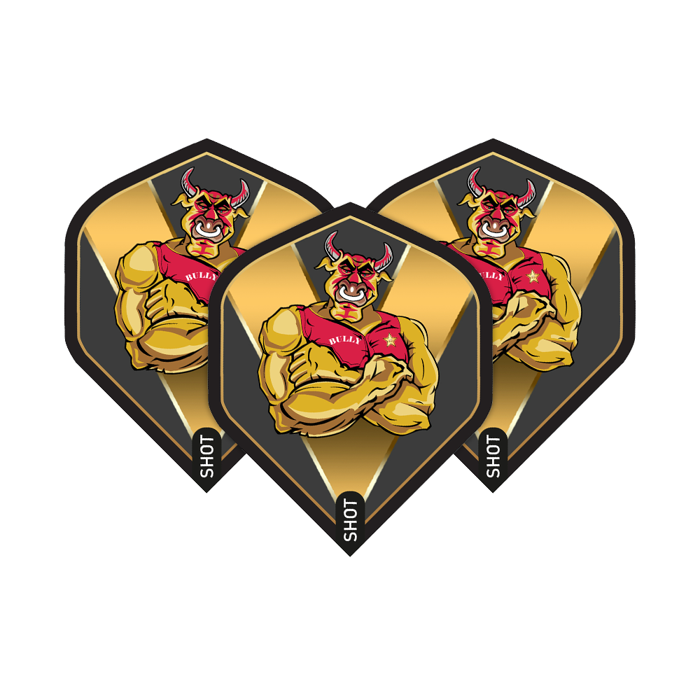 Colpo di Michael Smith Bully Boy Gold Standard Flights Das Bild zeigt drei Dart-Flights mit einem muskulösen, roten Stier auf goldenem Hintergrund. Auf den Flights steht der Name „Bully Boy“ und unten das Wort „Shot“.