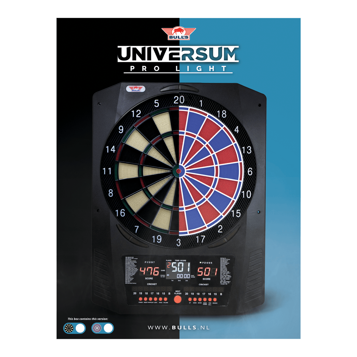 Bersaglio elettronico Bulls NL Universum Pro Light - Blu Rosso Hier sieht man das Bulls NL Universum Pro Light Elektronisches Dartboard in den Farben Blau und Rot. Dieses Dartboard bietet viele Spieloptionen.