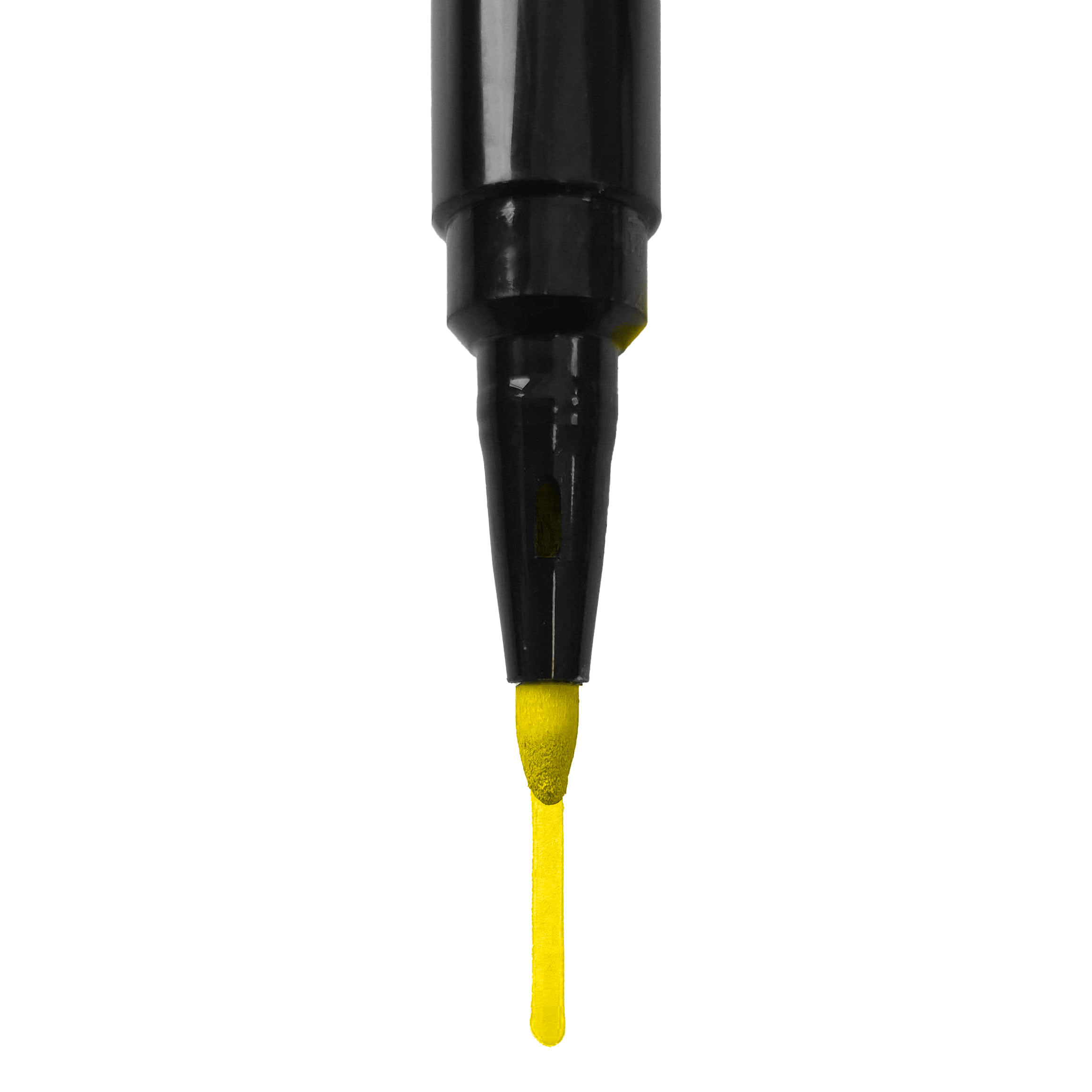 Segnaposto Das Bild zeigt die Spitze eines schwarzen Markers, der gelbe Tinte abgibt. Unter der Spitze ist ein gelber Strich zu sehen.