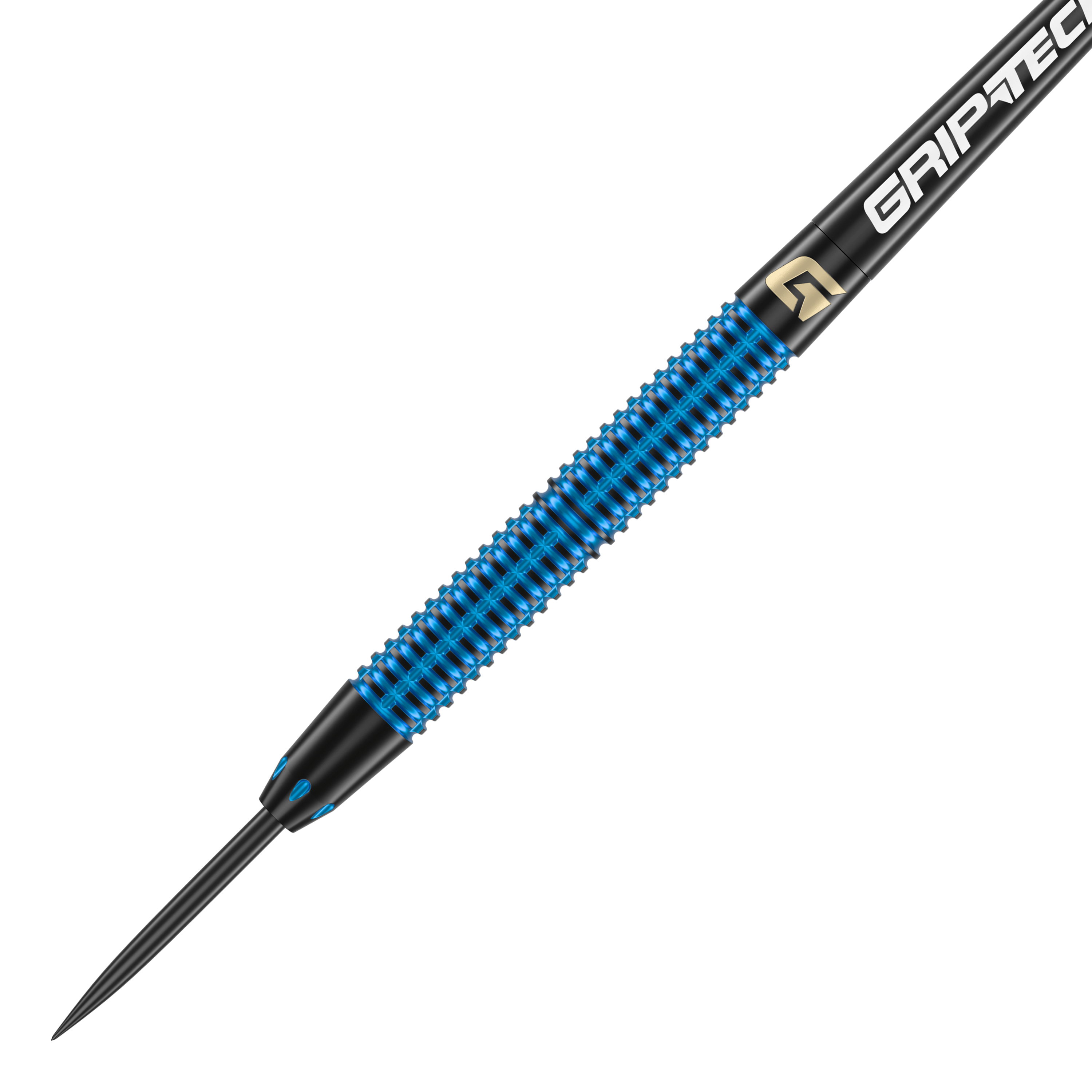 Freccette in acciaio GOAT Athlete Blue Brass - 12 g Das Bild zeigt einen GOAT Athlete Blue Brass Steeldart mit einem Gewicht von 12g. Der Dart hat eine blaue geriffelte Oberfläche und eine schwarze Spitze.