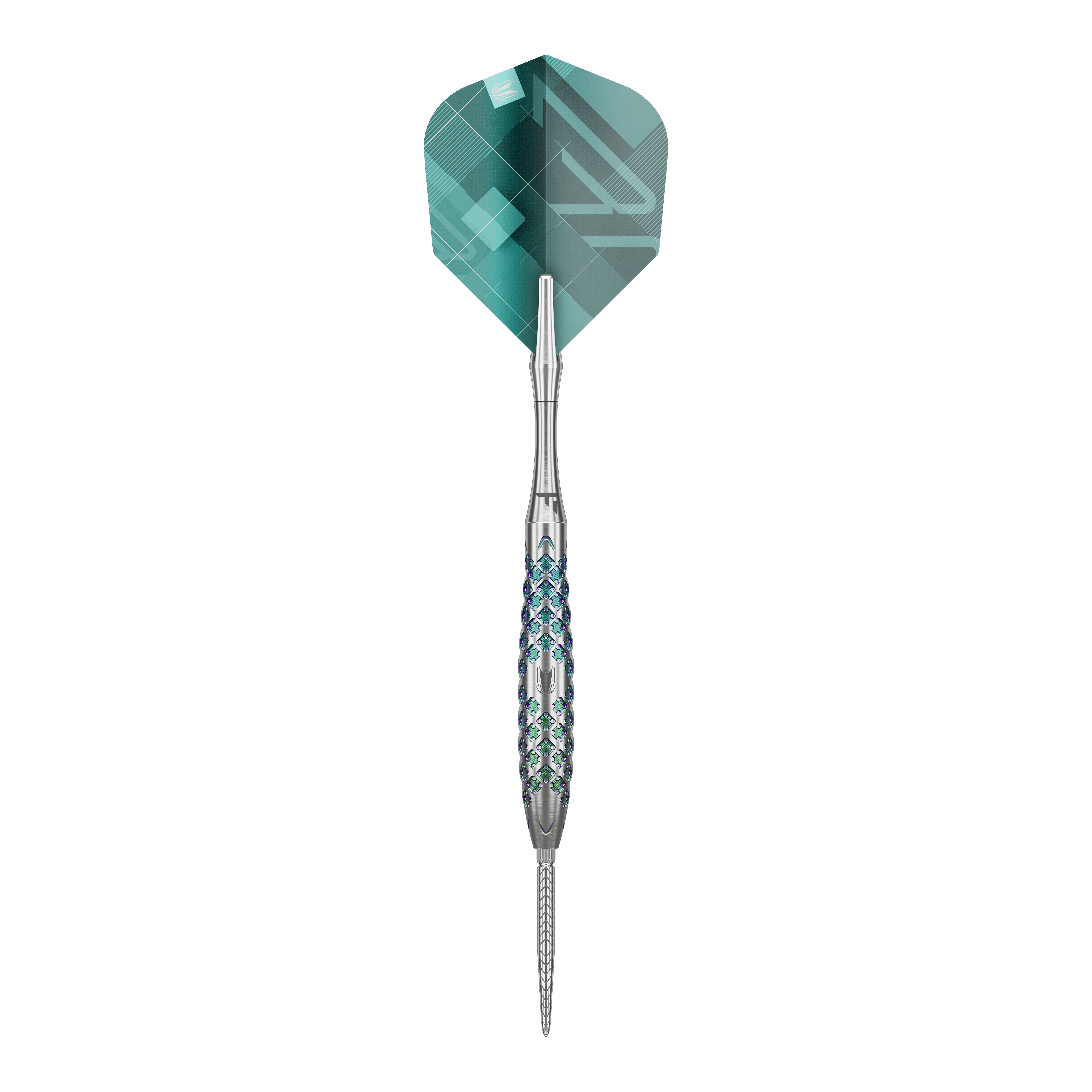 Freccette in acciaio Target Rove 02 Swiss Point Das Bild zeigt einen Target Rove 02 Swiss Point Steeldart. Der Dartpfeil hat ein silbernes, strukturiertes Barrel und eine grün-blaue Flight.