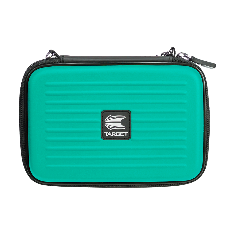 125832_Target_Takoma_XL_Dartwallet_Aqua_1 Das Bild zeigt das Produkt "Target Takoma XL Dartwallet" in einer türkisfarbenen Hülle mit schwarzem Rand. In der Mitte befindet sich ein Logo mit dem Schriftzug "TARGET".