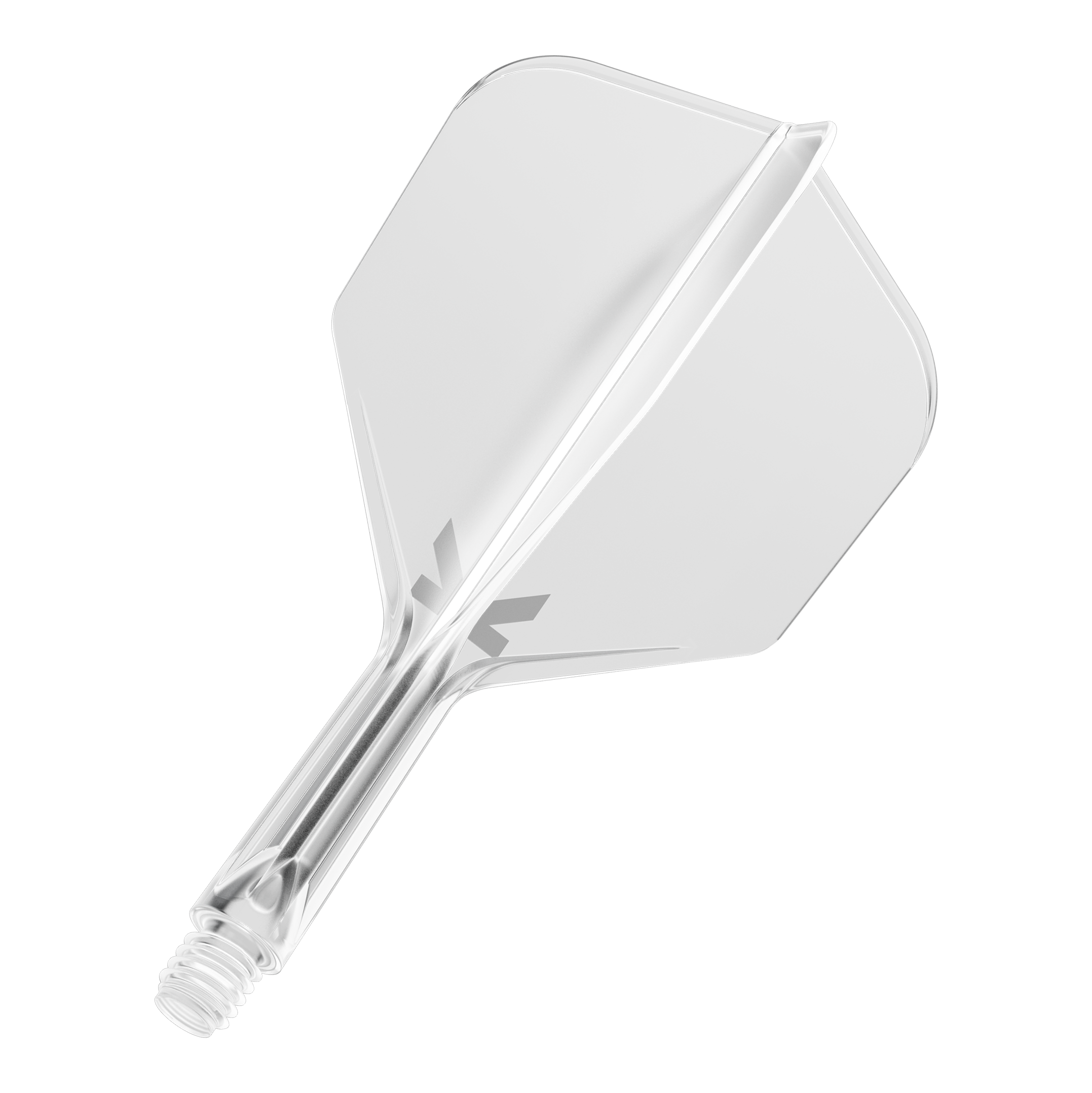 Sistema di volo Target K-Flex No6 - Trasparente Das Bild zeigt ein durchsichtiges Dart-Flightsystem mit einem integrierten Schaft. Es ist vor schwarzem Hintergrund abgebildet.