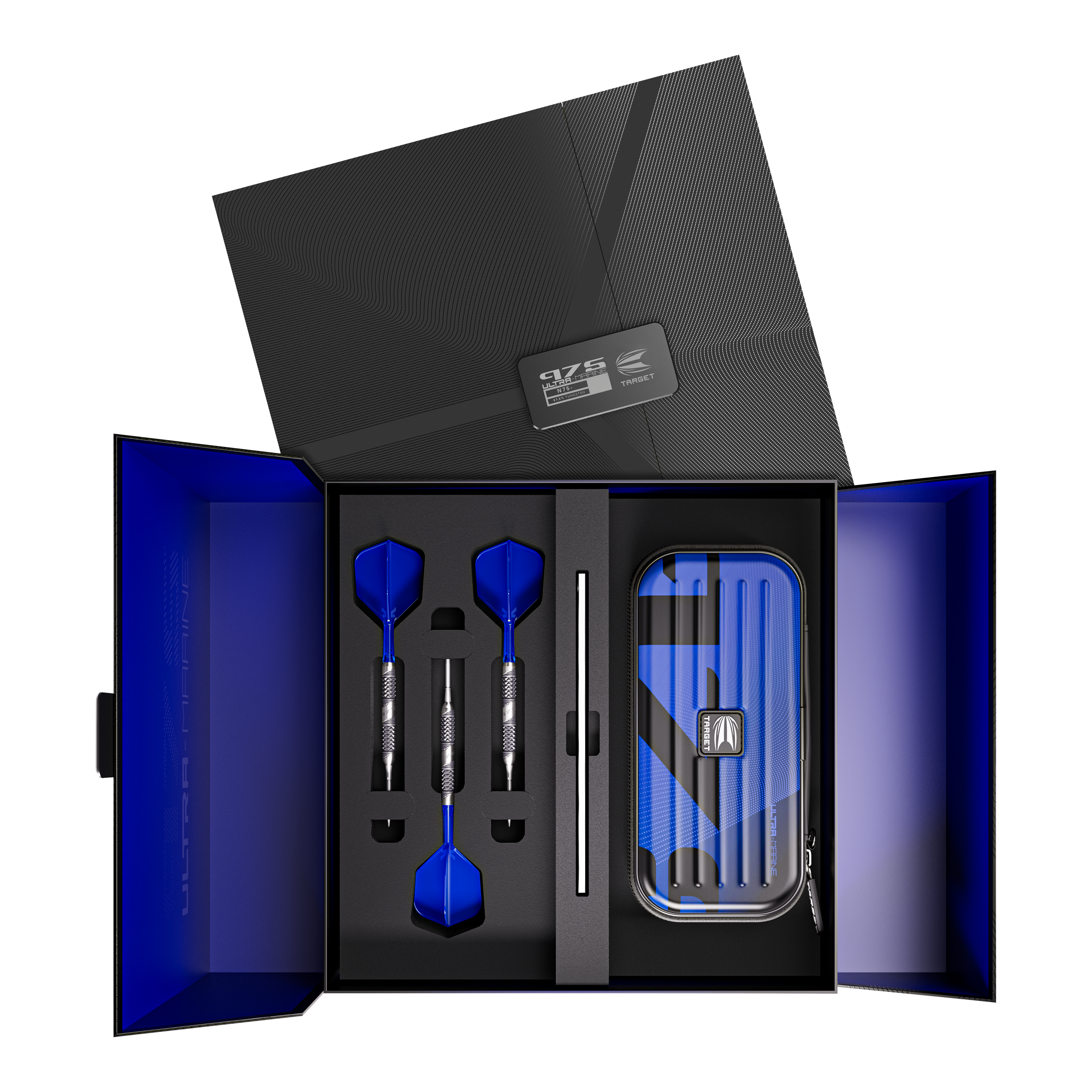 Das Bild zeigt ein elegantes Dart-Set mit drei blauen Steeldarts, sorgfältig in einer Geschenkbox angeordnet. Rechts befindet sich ein passendes Etui im gleichen blauen Design.