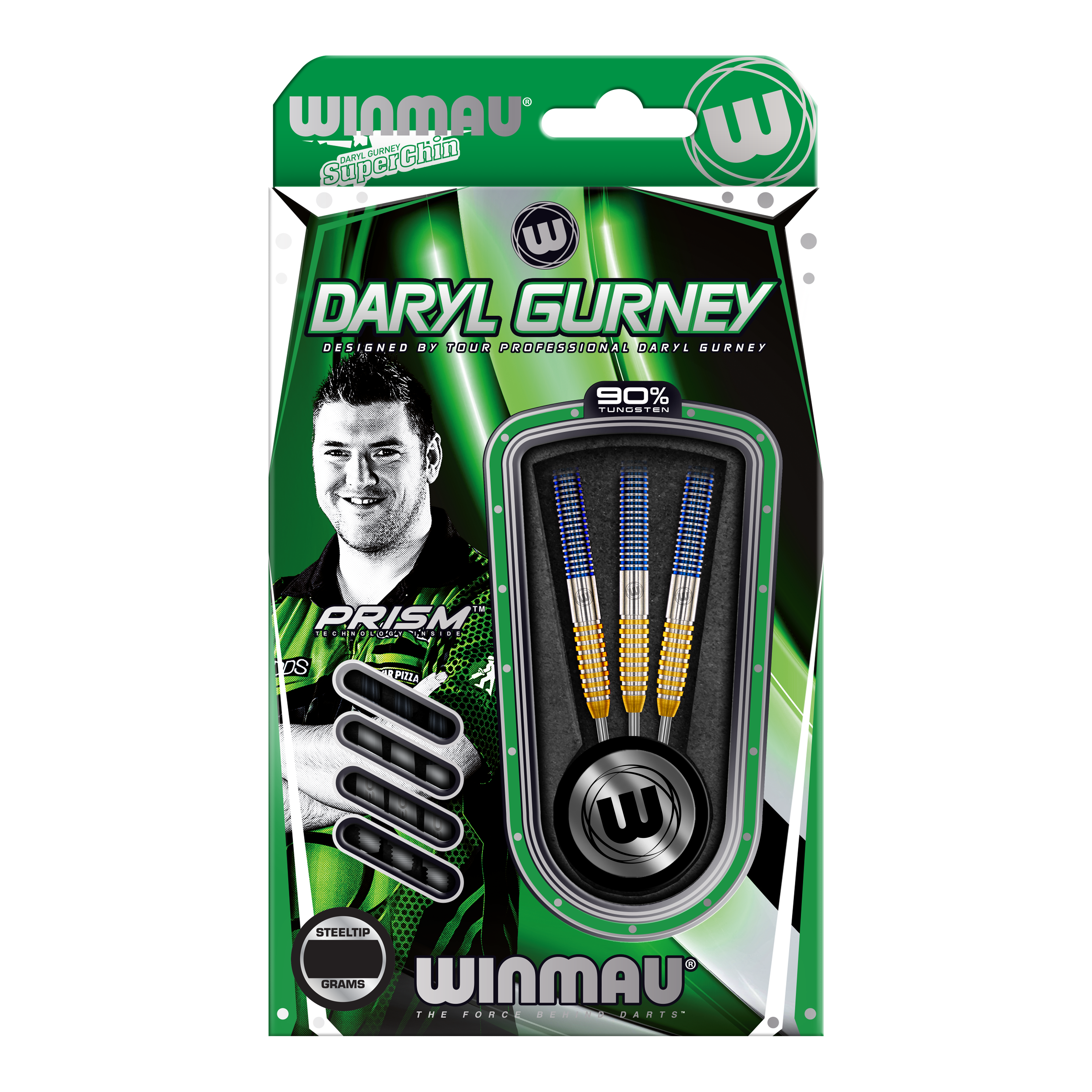 Freccette in acciaio Winmau Daryl Gurney SC 1.0 Series - 23 g Das Bild zeigt die Winmau Daryl Gurney SC 1.0 Series Steeldarts mit einem Gewicht von 23 Gramm in der Verpackung. Auf der Verpackung ist ein Porträt von Daryl Gurney sowie die drei enthaltenen Darts zu sehen.