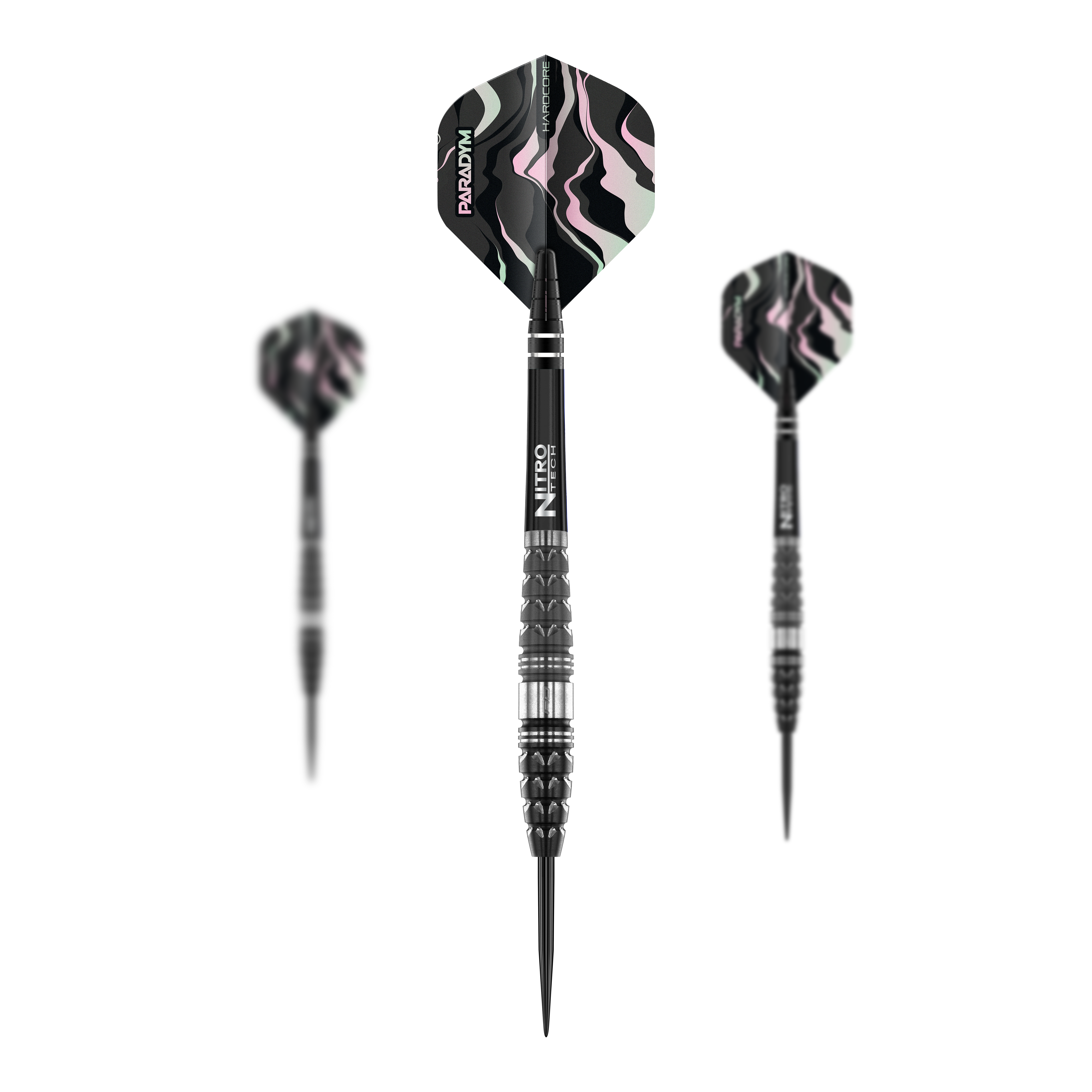 Dardi in acciaio Paradym Torpedo del drago rosso Auf dem Bild sind drei Red Dragon Paradym Torpedo Steeldarts zu sehen. Die Darts haben ein schwarzes Design mit silbernen und bunten Akzenten an den Flights.
