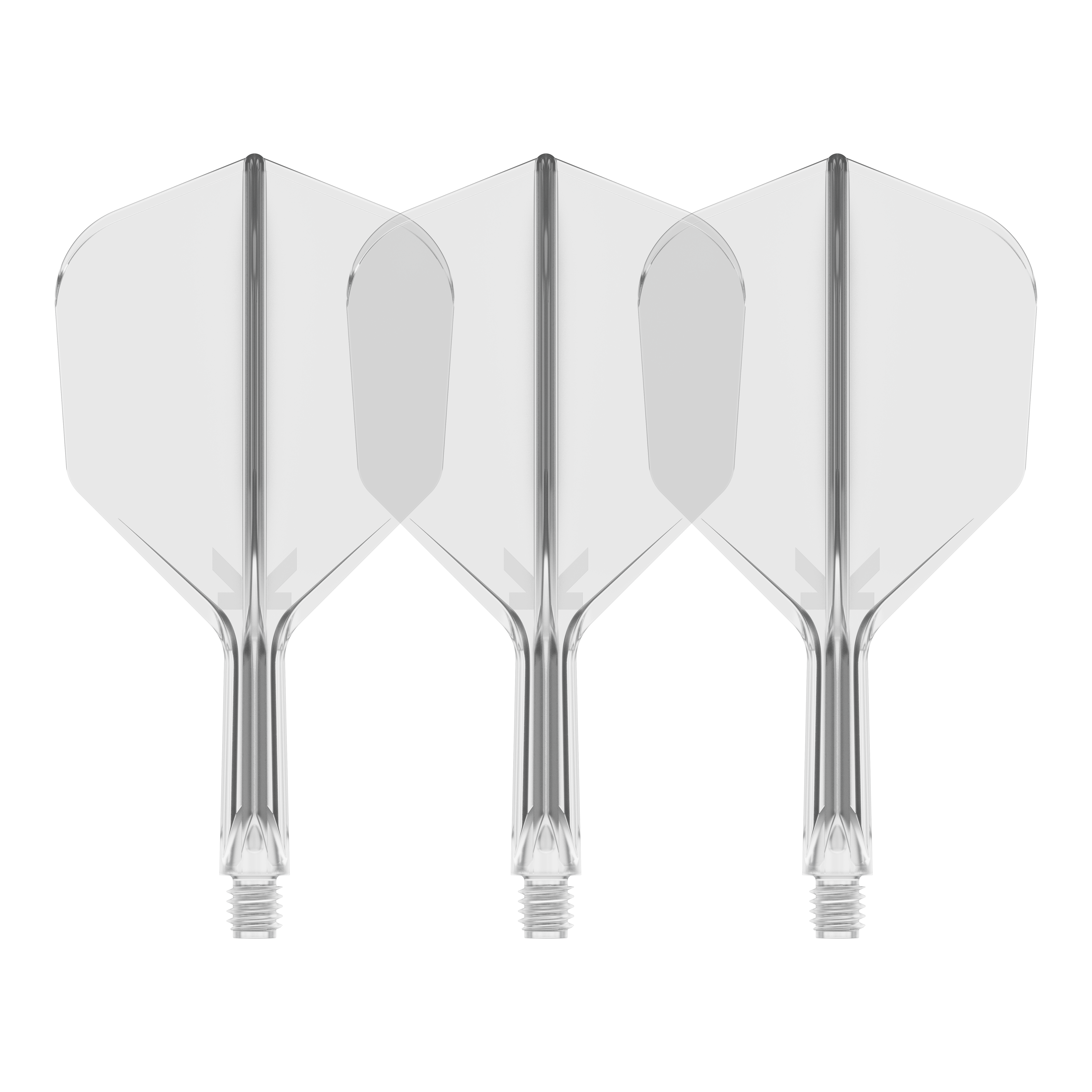Sistema di volo Target K-Flex No6 - Trasparente Auf dem Bild sind drei durchsichtige Dartflights mit integriertem Schaft zu sehen. Sie stehen nebeneinander vor schwarzem Hintergrund.
