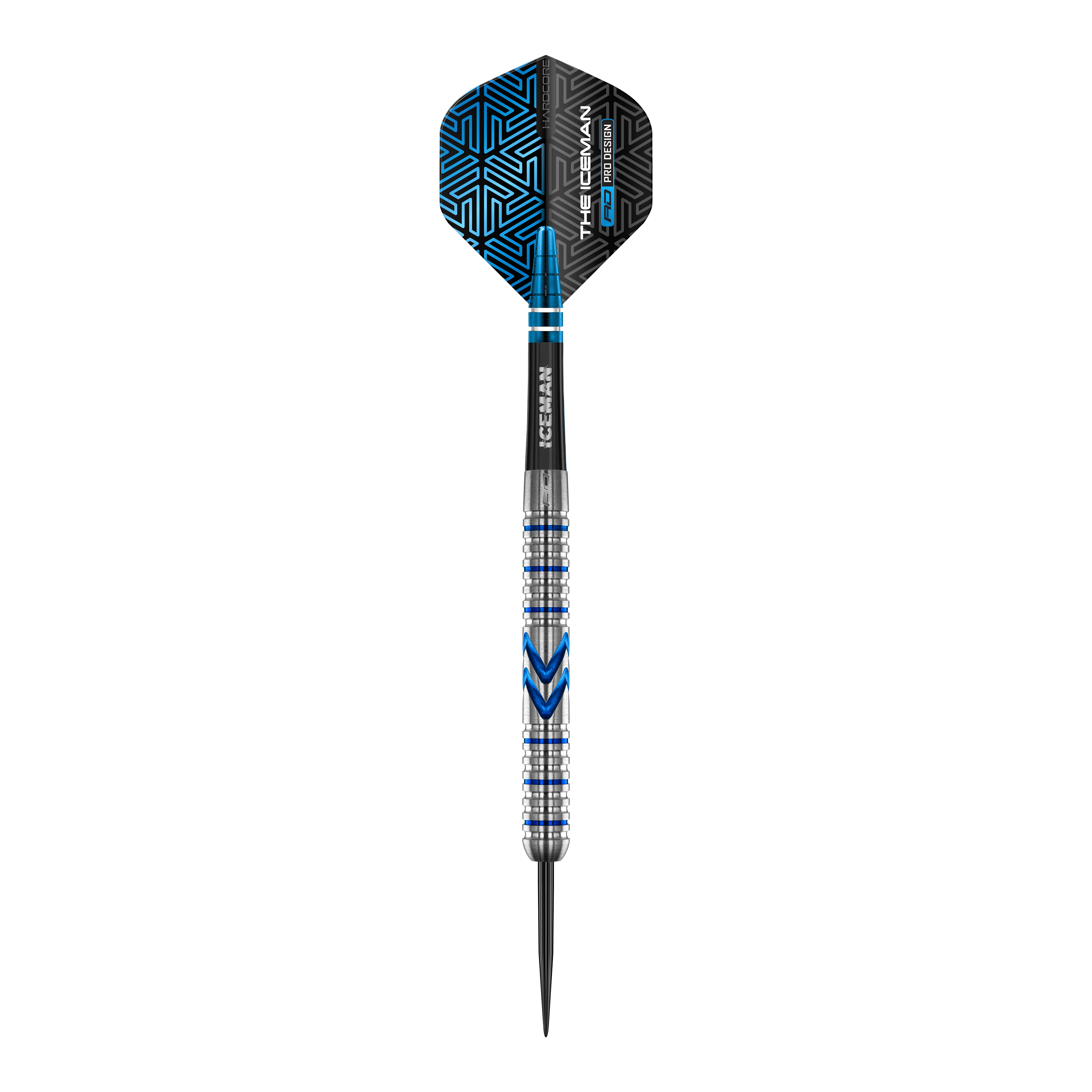 Freccette in acciaio Red Dragon Gerwyn Price Iceman Midnight Edition Das Bild zeigt einen Steeldart aus der Serie "Red Dragon Gerwyn Price Iceman Midnight Edition". Der Dart hat ein silbernes und blaues Design mit schwarzen Akzenten auf dem Flight.