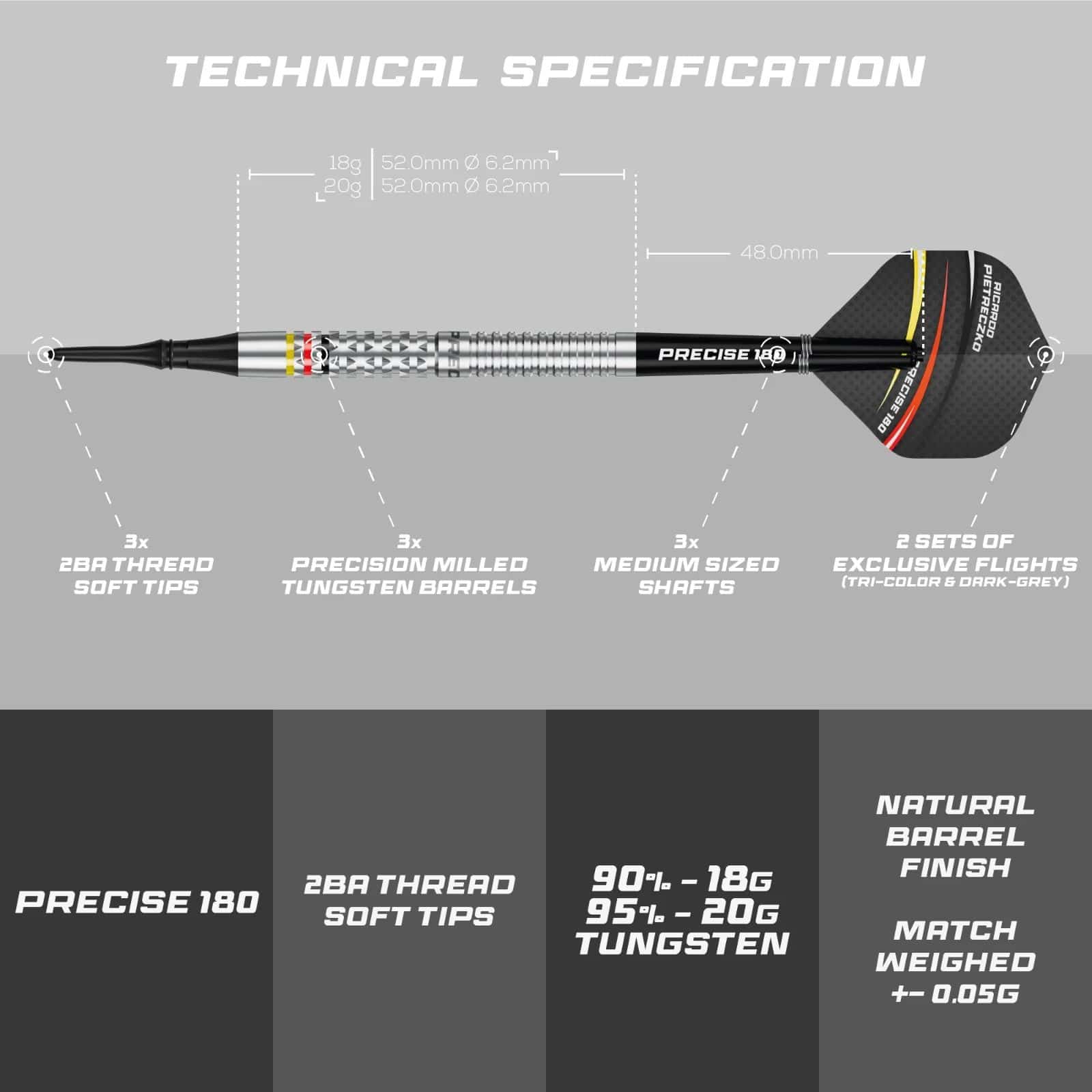 Freccette morbide di precisione 180 Ricardo Pietreczko GEN1 Precise 180 Ricardo Pietreczko GEN1 Softdarts sind Softdarts mit besonderem Design. Sie eignen sich perfekt für elektronische Dartboards.