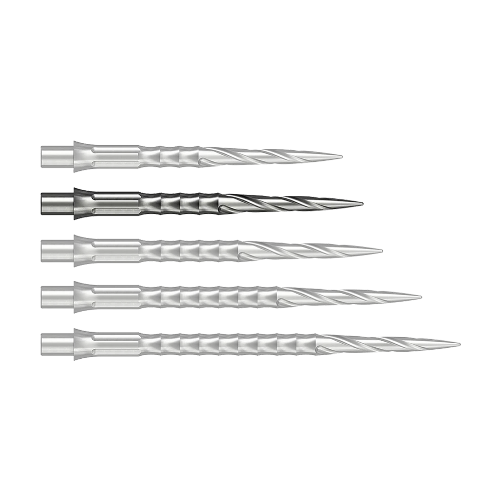 Punte per freccette in acciaio Caliburn System - Spiro - NoLip - argento Vermutlich wird eine silberne Steeldartspitze mit 30 mm Länge abgebildet. Sie stammt aus dem Caliburn Evo System und ist vom Typ Spiro NoLip.