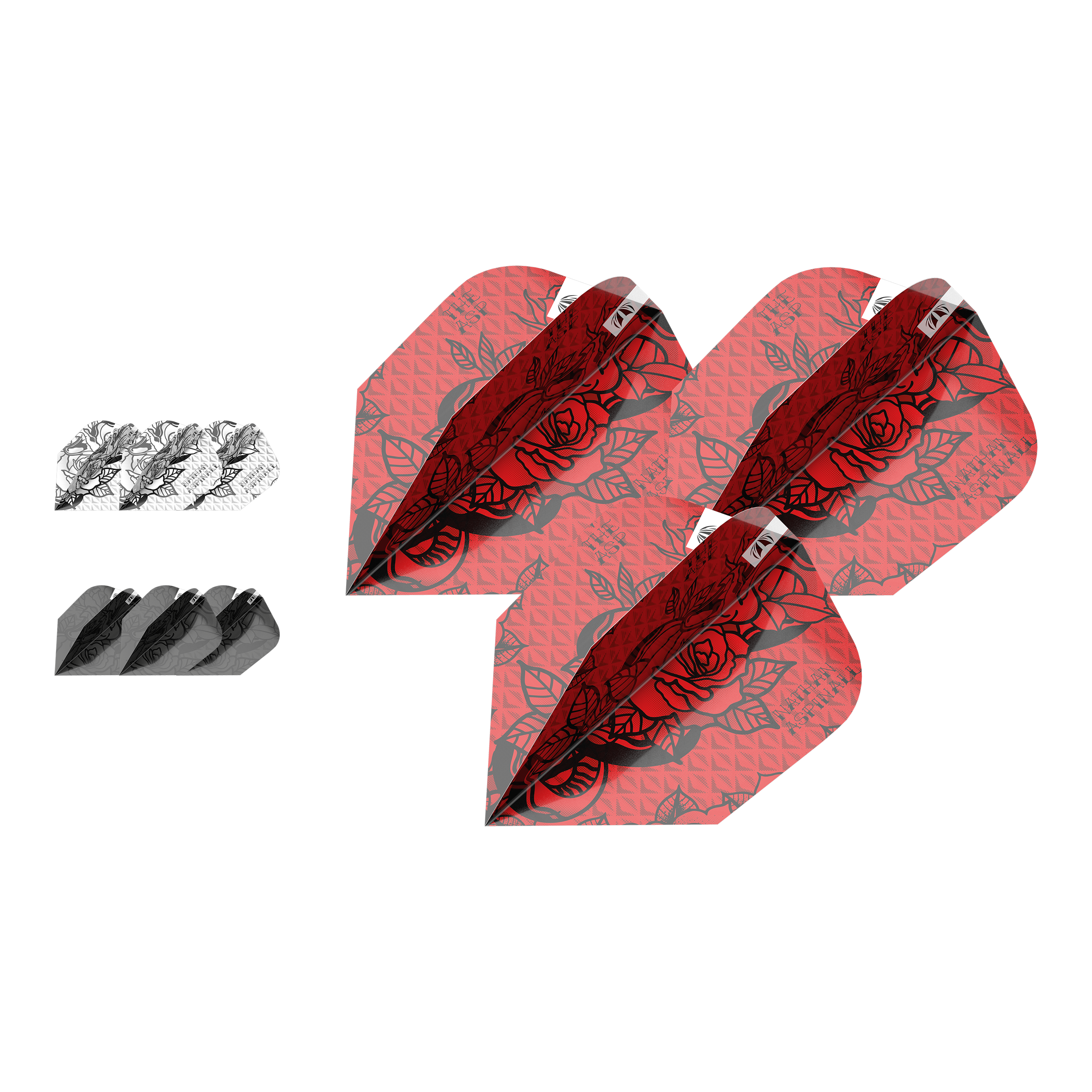 Target Ink Bundle 3 set di alette Nathan Aspinall Ten-X Das Bild zeigt drei Sets von Dart-Flights im Produkt "Target Ink Bundle 3 Sets Nathan Aspinall Ten-X Flights". Die Flights sind in den Farben Rot, Schwarz und Weiß mit einem Rosenmuster gestaltet.