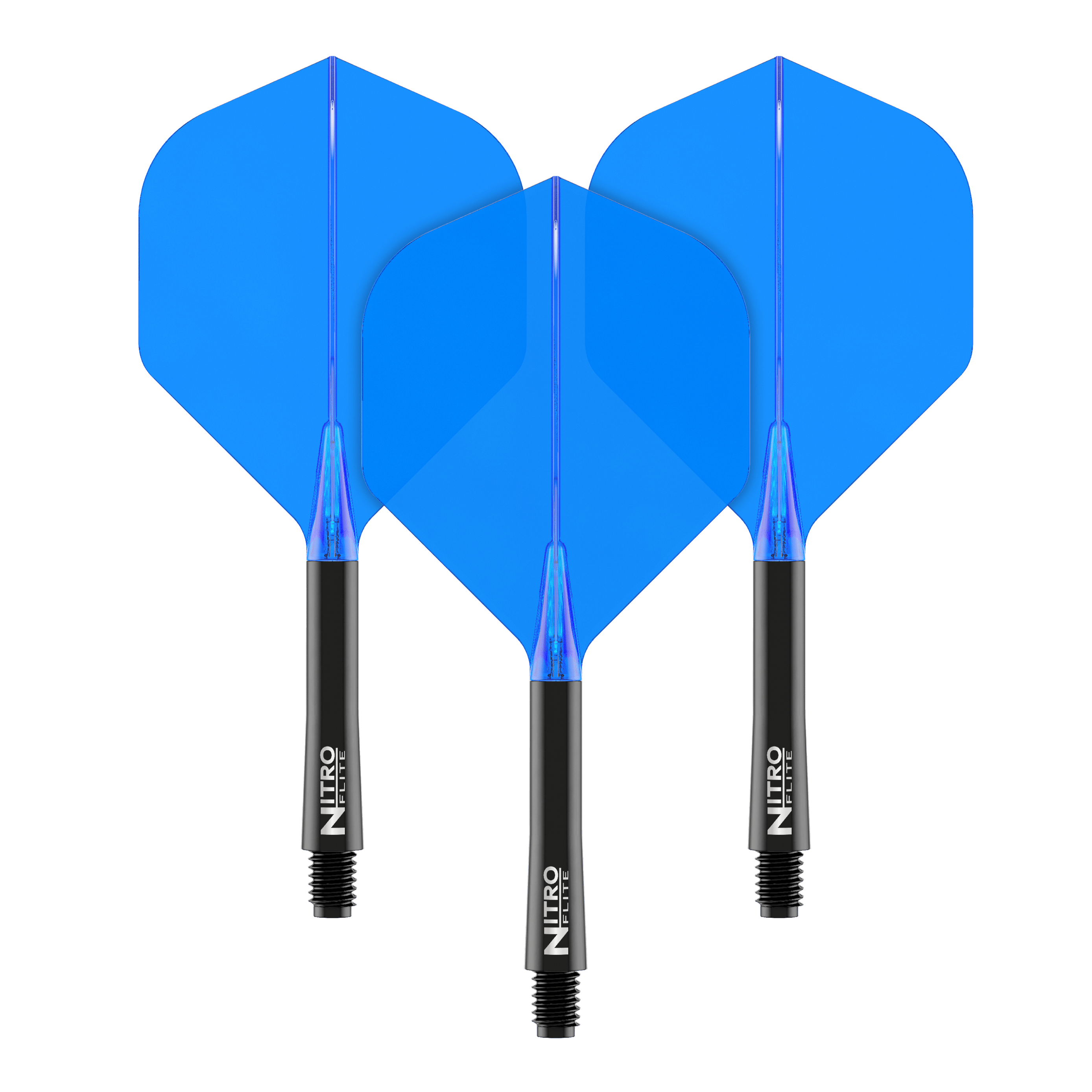 Das Bild zeigt drei blaue Dart Flights mit schwarzen Schäften. Auf den Schäften steht der Schriftzug "Nitro Flite".