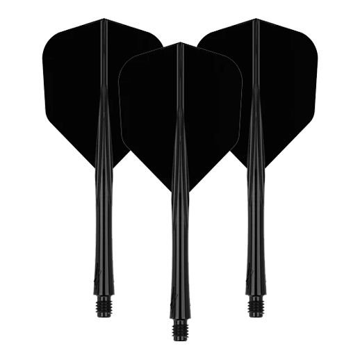 Sistema di albero di volo Caliburn SUP Lite No6 Das Bild zeigt drei schwarze Dart-Flights mit Schäften. Sie sind in einer aufrechten Position nebeneinander angeordnet.