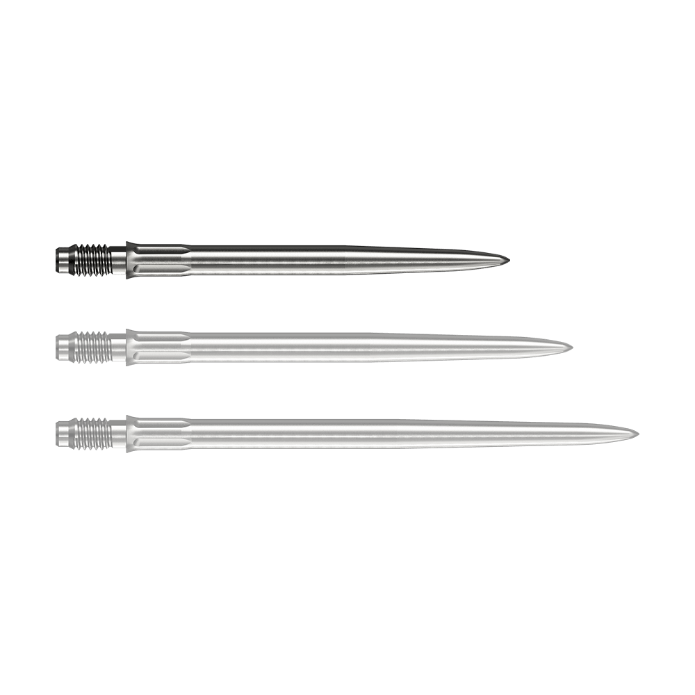 Punte per freccette Mission R2.5 Rapid Point SM1 - Argento Eine silberne Dartspitze liegt vor weißem Hintergrund. Die Spitze ist eine Mission R25 Rapid Point SM1 mit einer Länge von 30mm.