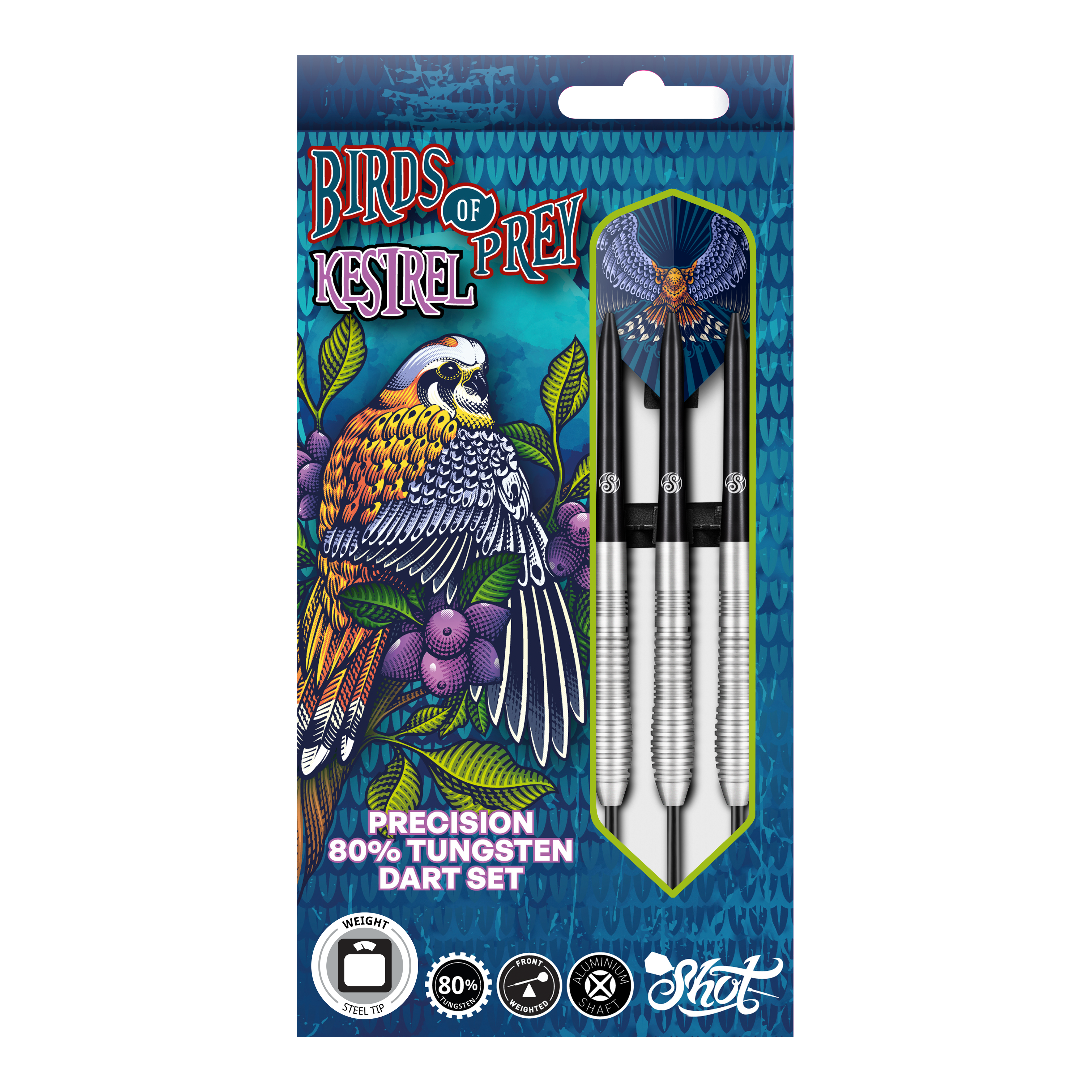 Freccette in acciaio Kestrel Shot Birds Of Prey Das Bild zeigt die Verpackung der "Shot Birds Of Prey Kestrel Steeldarts". Auf der Verpackung ist ein bunter Vogel abgebildet, und die Darts bestehen aus 80% Tungsten.
