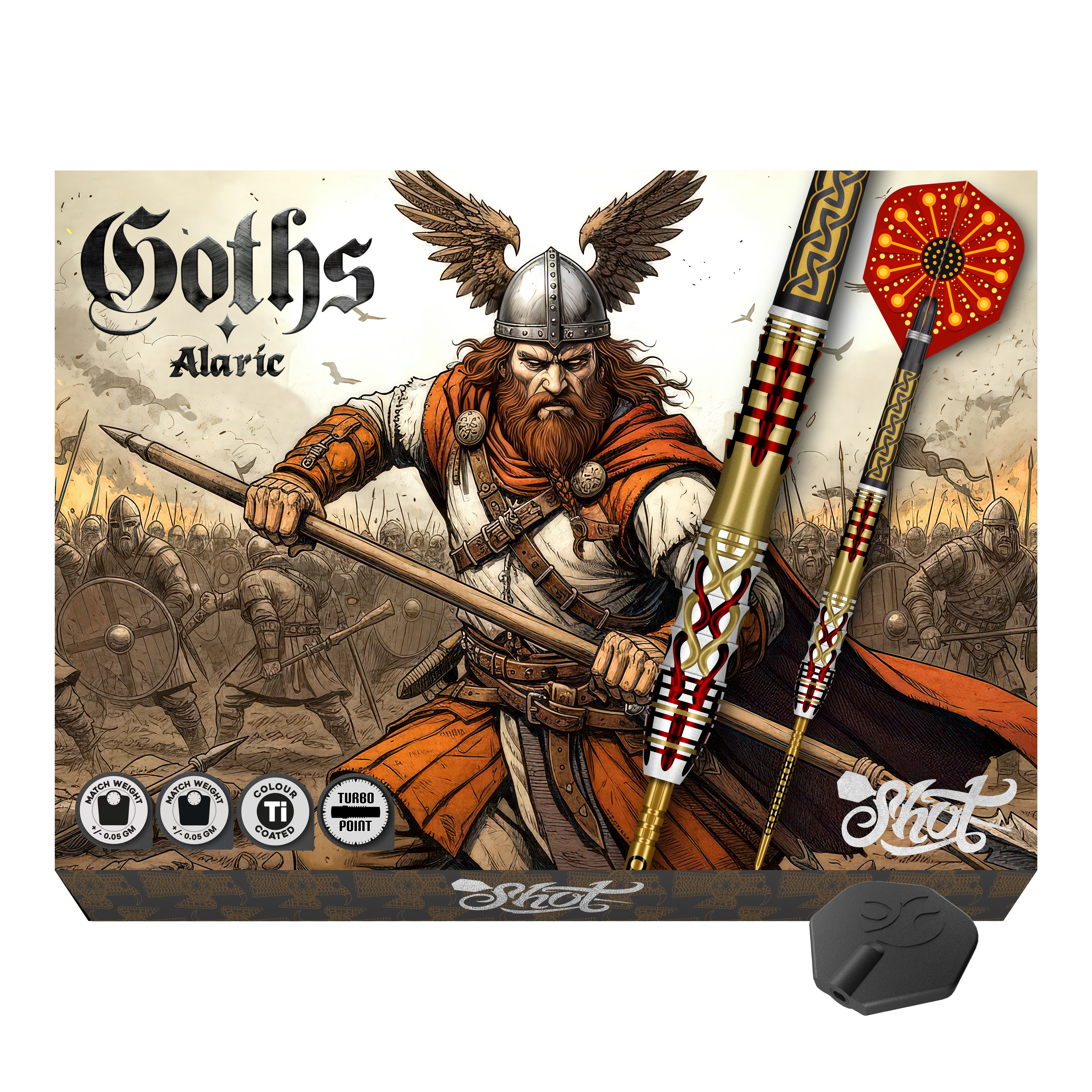 Freccette in acciaio Shot Goths Alaric Turbo Point - 23 g Hier sieht man die Shot Goths Alaric Turbo Point Steeldarts - 23g. Sie sind ideal für Präzision und Kontrolle.