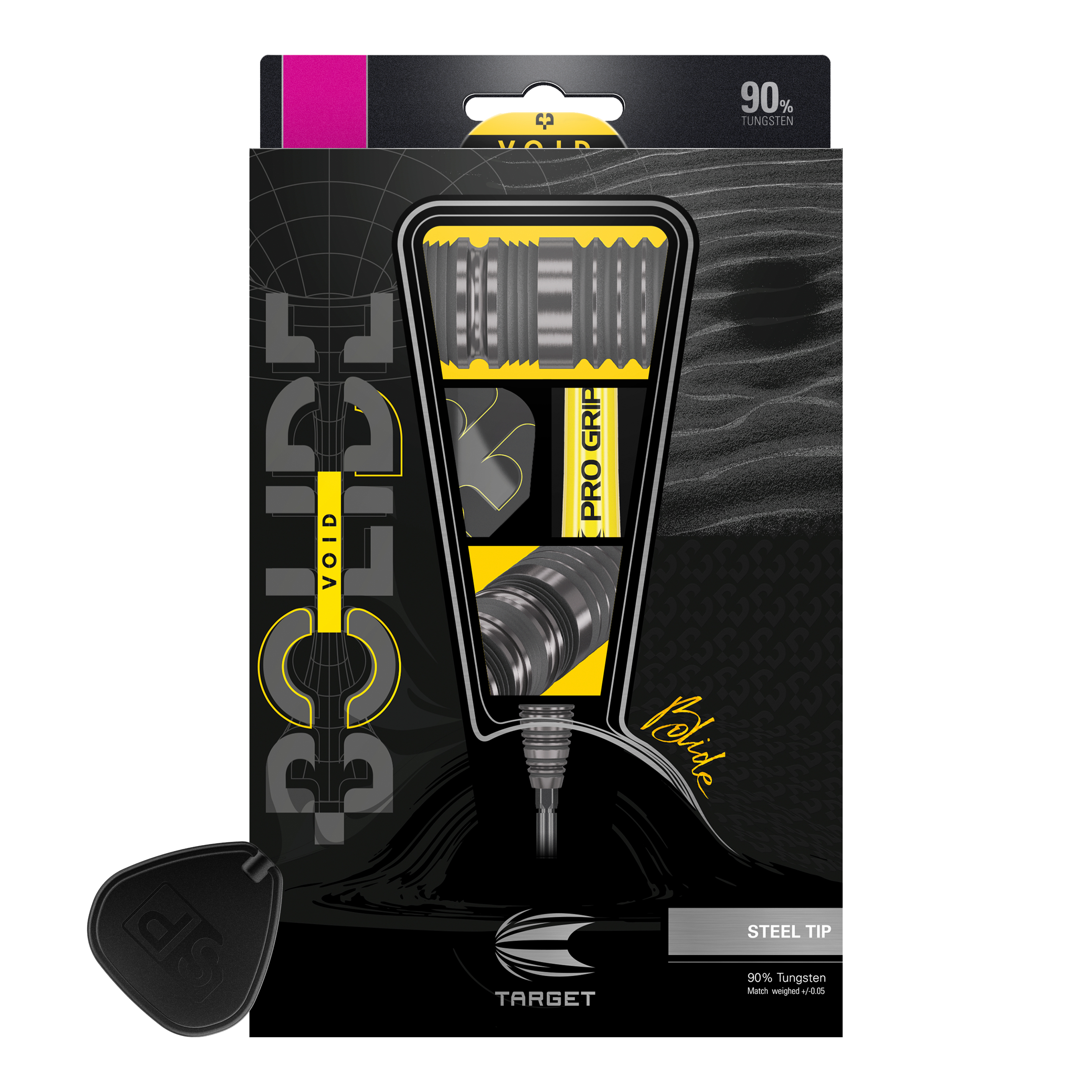 Freccette in acciaio Target Bolide Void 05 Swiss Point Das Bild zeigt die Verpackung der "Target Bolide Void 05 Swiss Point Steeldarts". Die Verpackung ist überwiegend schwarz mit gelben Akzenten und hebt die hochwertige Verarbeitung aus 90 % Tungsten hervor.
