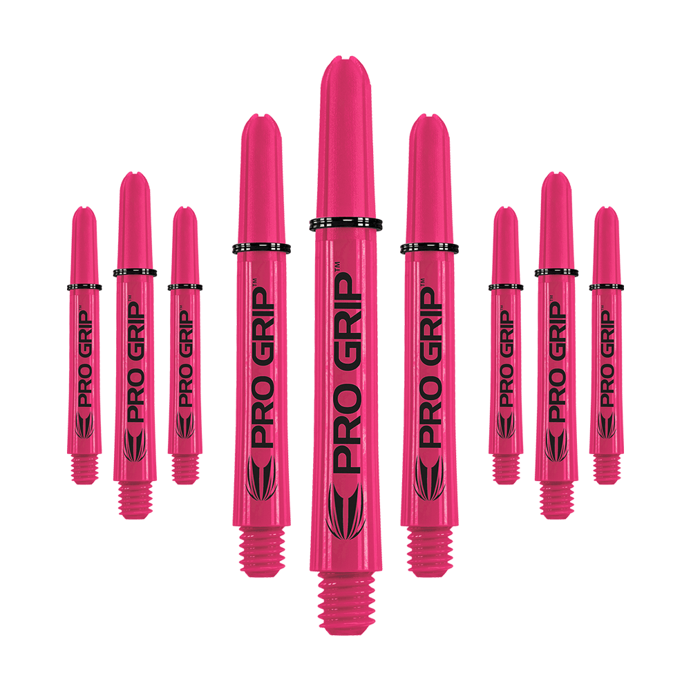 Target Pro Grip Shafts - 3 set - Rosa Das Bild zeigt neun pinke Dartshafts mit der Aufschrift "PRO GRIP". Die Shafts sind in drei Reihen angeordnet und heben sich deutlich vor dem weißen Hintergrund ab.