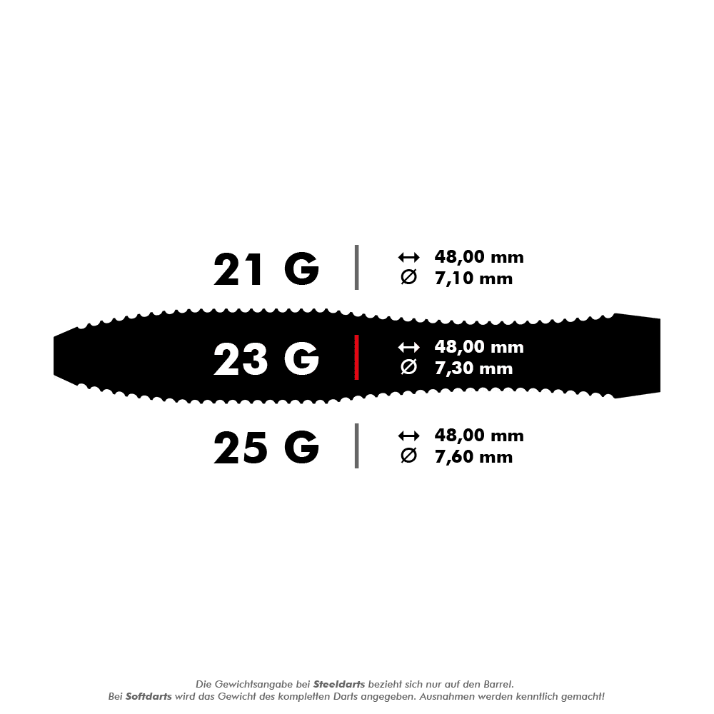 Freccette in acciaio V-Wing Harrows Anniversary Edition Das Bild zeigt die Spezifikationen von Steeldarts mit den Gewichten 21 g, 23 g und 25 g. Länge und Durchmesser der Darts sind jeweils angegeben, wobei alle Darts 48,00 mm lang sind und sich im Durchmesser unterscheiden.