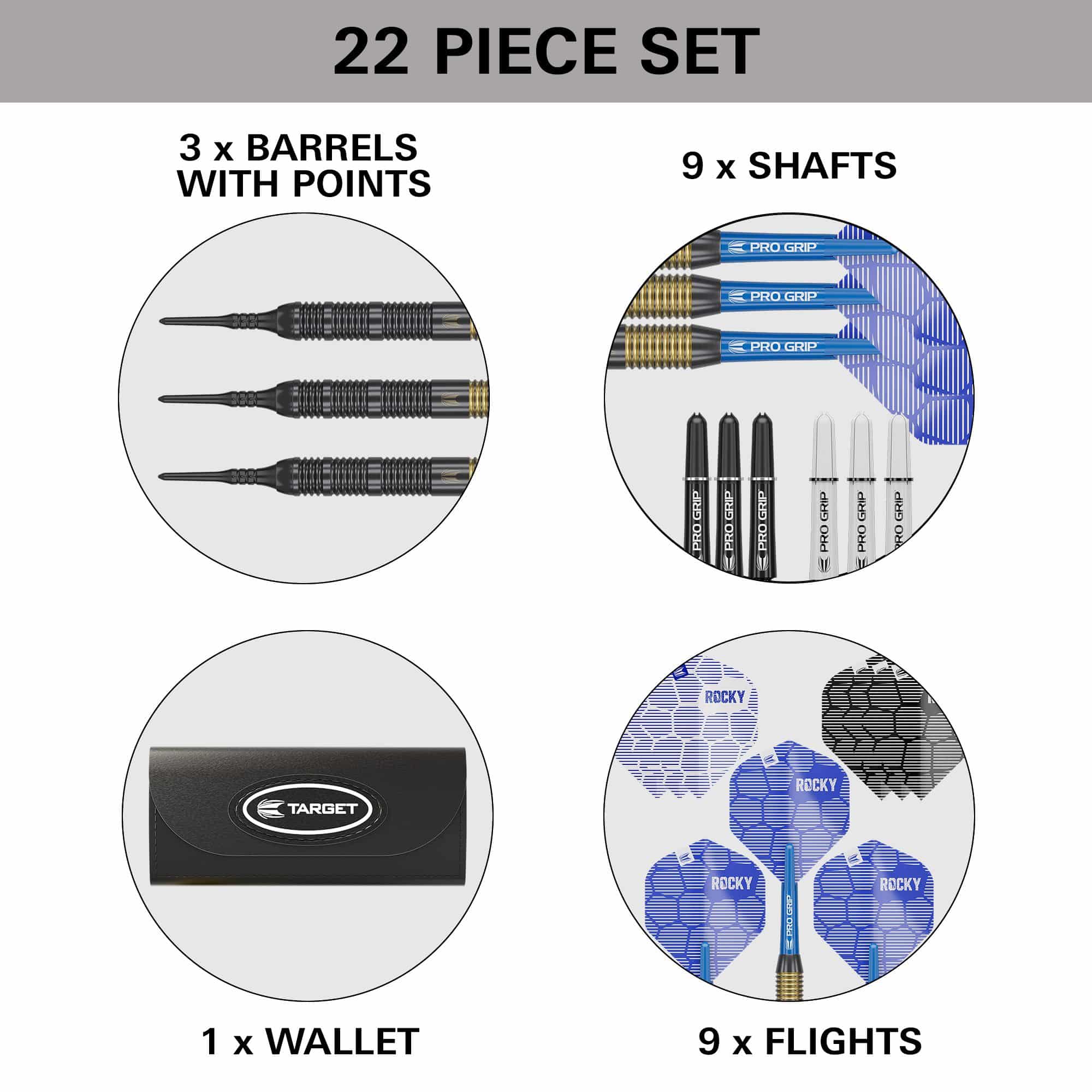 Freccette morbide Target Josh Rock Brass - 18 g Das Bild zeigt das 22-teilige Set "Target Josh Rock Brass Softdarts - 18g". Es enthält 3 Barrels mit Spitzen, 9 Shafts, 1 Wallet und 9 Flights.