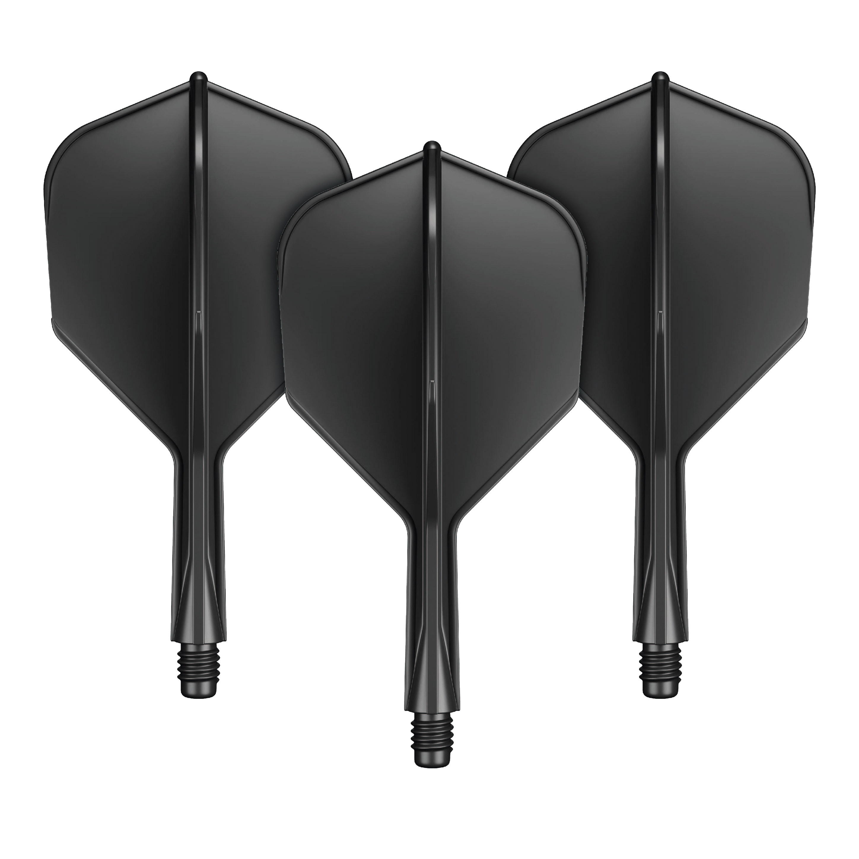 Sistema di alberi di volo GOAT A1R No6 - Nero Das Bild zeigt drei schwarze Dart-Flights mit integriertem Shaft. Sie sind nebeneinander angeordnet und verfügen über einen kurzen Schaft mit Schraubgewinde.