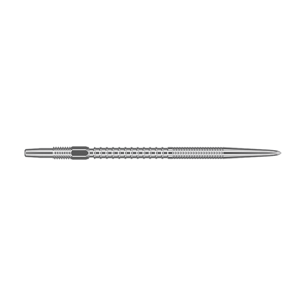 Punte per freccette Target Swiss Firepoint Silver Das Bild zeigt eine silberne Dartspitze mit einem gerillten, strukturierten Design. Sie ist lang und schmal, mit einer spitzen Spitze am rechten Ende.