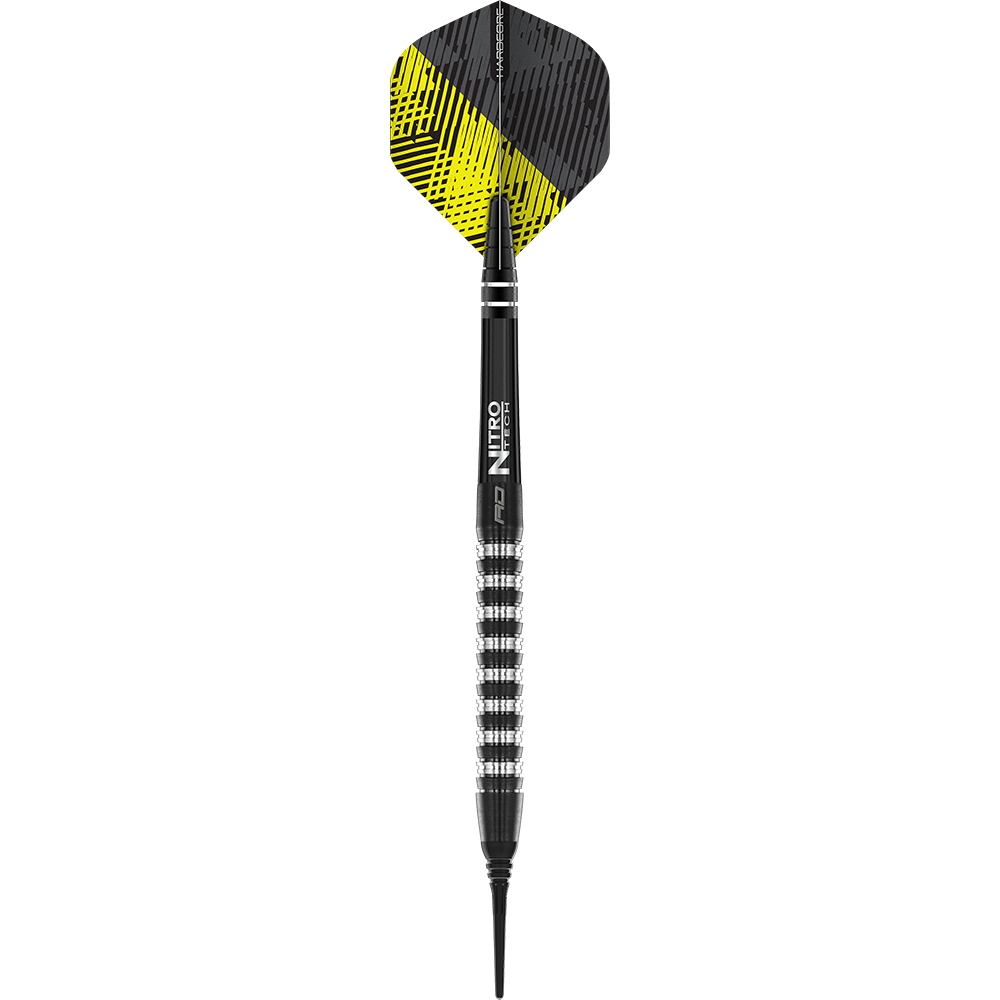 RD2535_Red_Dragon_Razor_Edge_Elite_Softdarts_1aABaYcQqjglgN Das Bild zeigt einen Red Dragon Razor Edge Elite Softdart mit einem Gewicht von 20 Gramm. Der Dartpfeil hat ein schwarzes und silbernes Design mit einem strukturierten Griff.