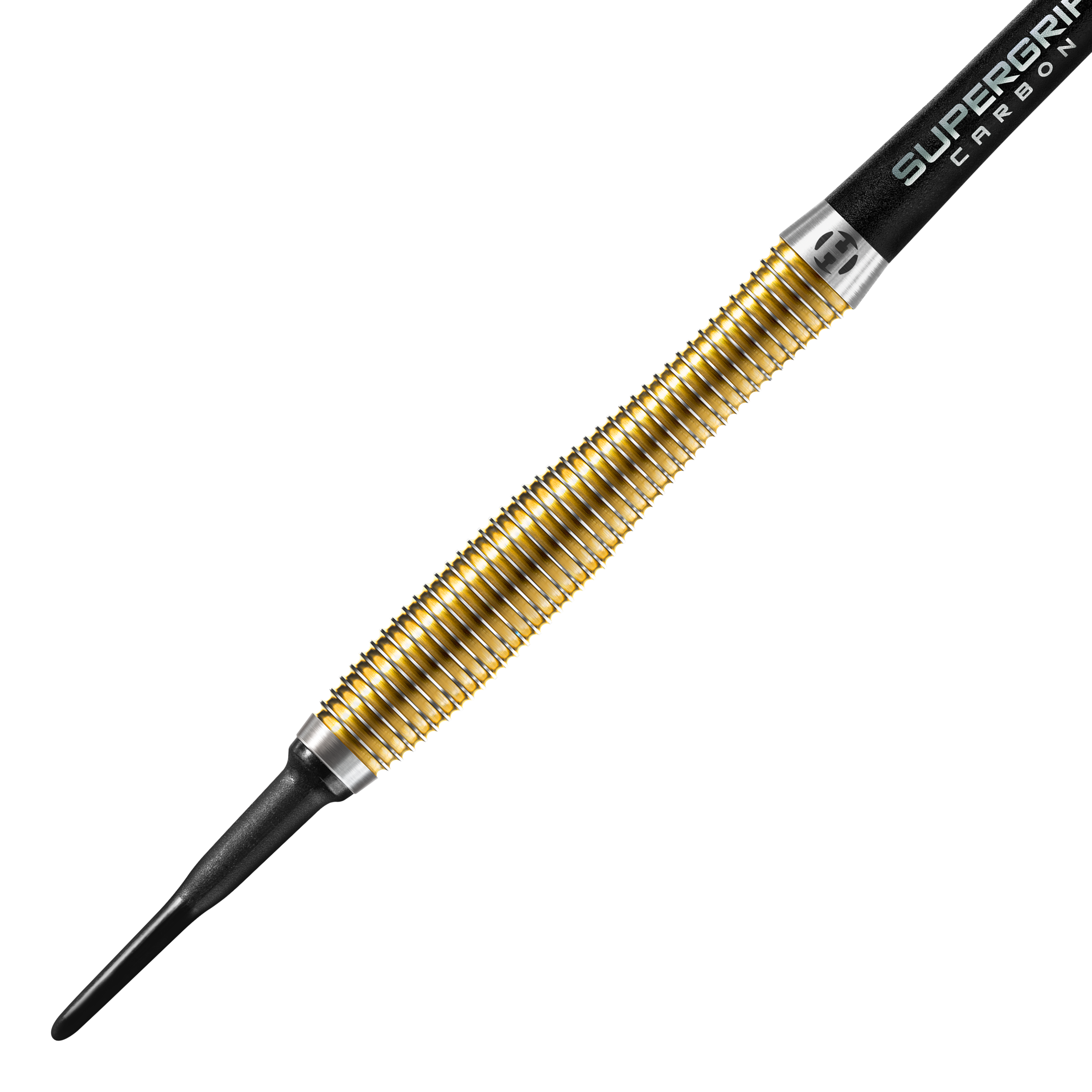 Freccette morbide V-Wing Harrows Anniversary Edition - 18 g Das Bild zeigt einen goldfarbenen Softdart der Marke Harrows, Modell Anniversary Edition V-Wing mit 18g Gewicht. Der Dart hat eine strukturierte Griffzone und eine schwarze Kunststoffspitze.