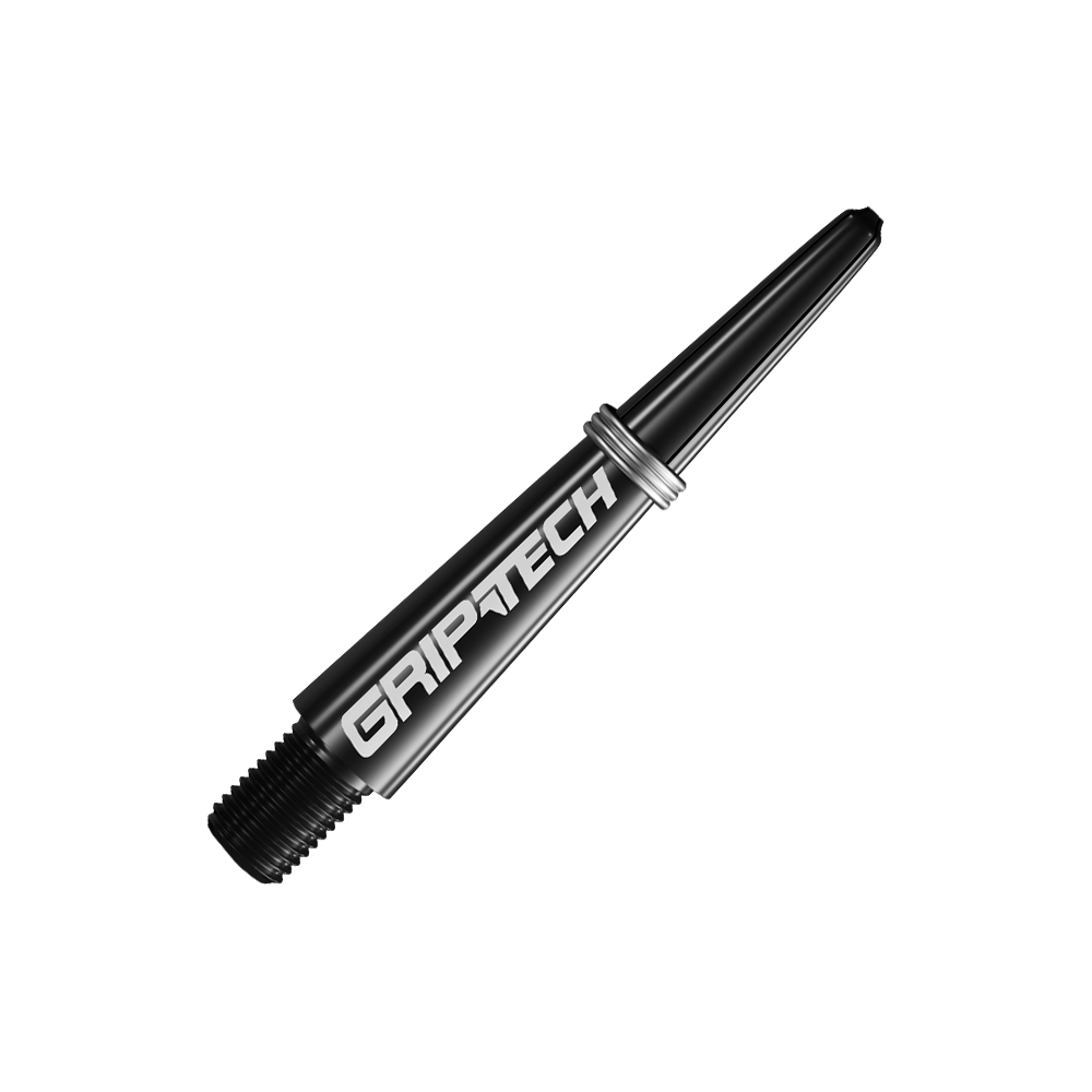 Alberi GOAT Griptech - Neri Das Bild zeigt einen schwarzen Dart-Schaft mit der Aufschrift "GRIPTECH". Der Schaft wirkt robust und hat metallische Akzente.