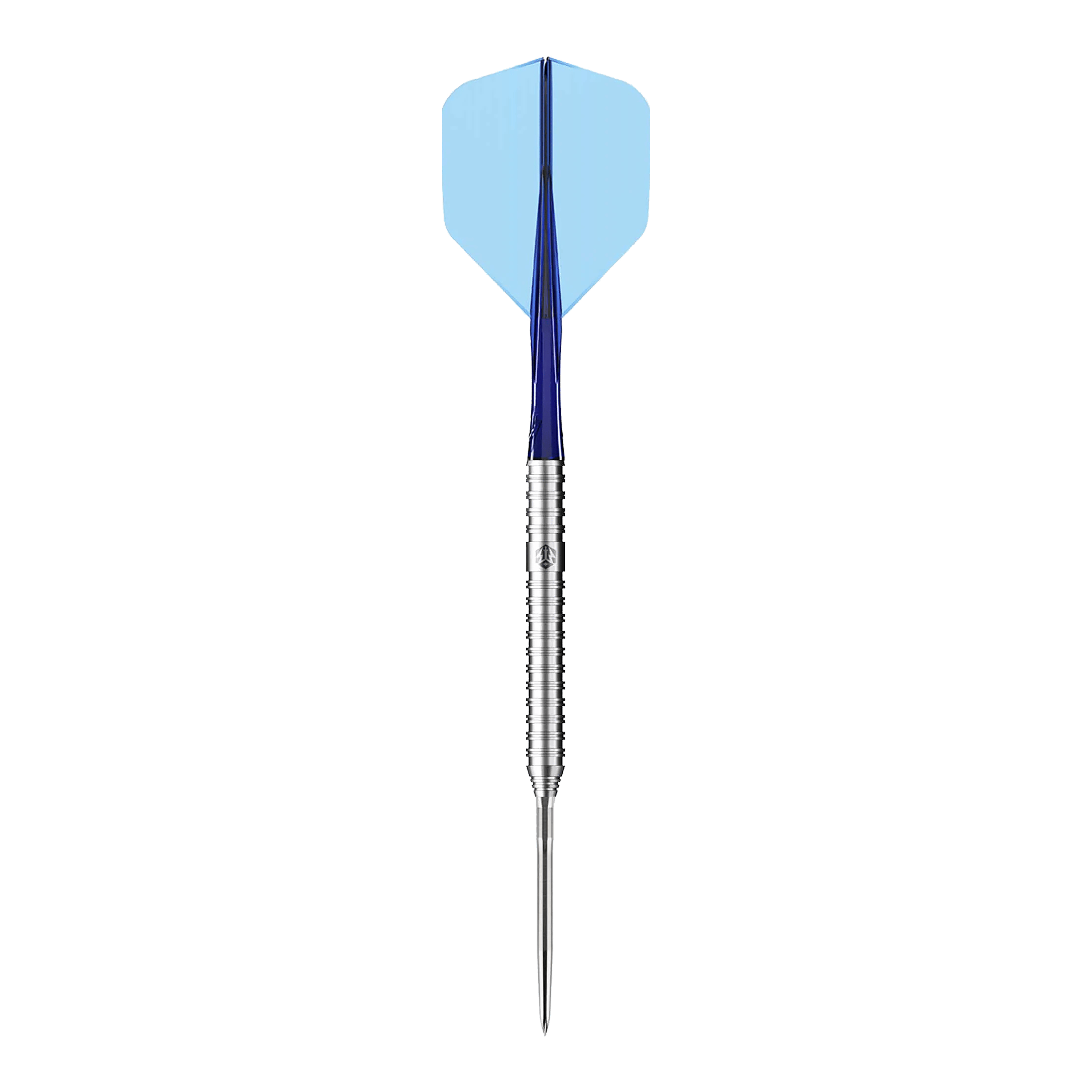 Freccette in acciaio Caliburn Forge F3 - 22 g Das Bild zeigt einen Caliburn Forge F3 Steeldart mit einem Gewicht von 22 Gramm. Der Dart hat einen silbernen Schaft, einen blauen Flight und eine spitze Metallspitze.